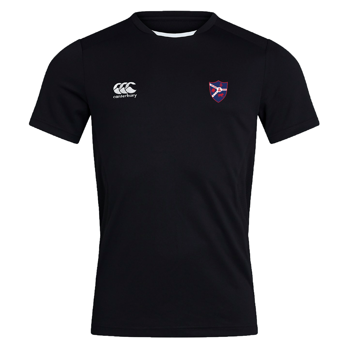 The Fort Wayne Rugby Club Dry Tee by EMB Canterbury is a black sports jersey with Vapodri Technology for breathability, featuring the Canterbury logo on the right chest and a shield emblem on the left.