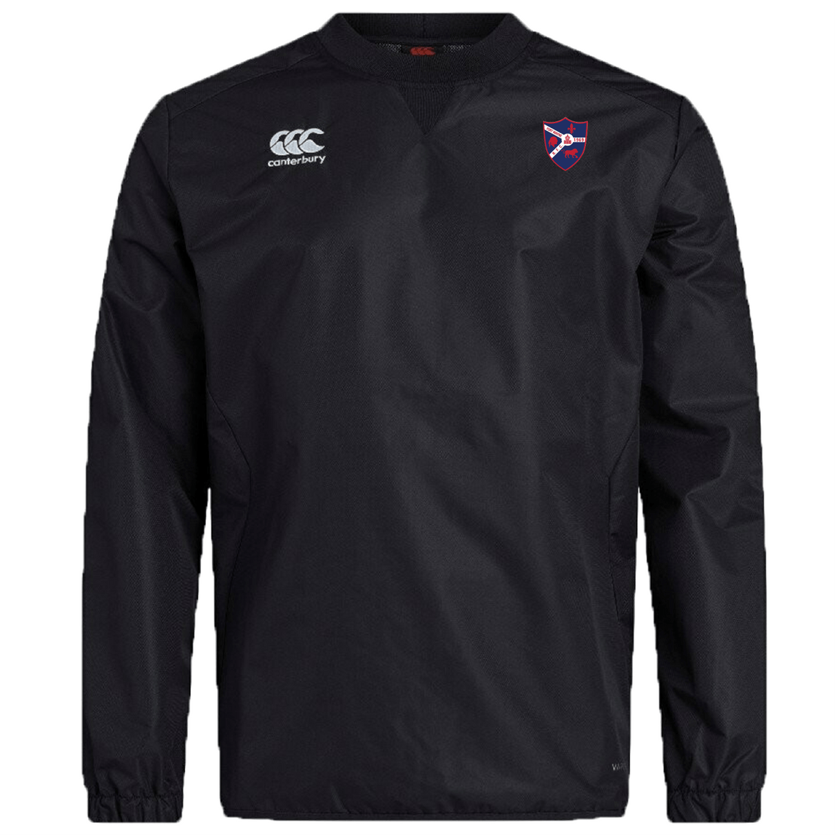 The Fort Wayne Rugby Club Vaposhield Contact Top by EMB Canterbury is a black pullover windbreaker with the Canterbury logo on the right chest and a red and blue shield emblem on the left, crafted from durable fabric with advanced Vaposhield technology, enhancing style and functionality for wet weather training.