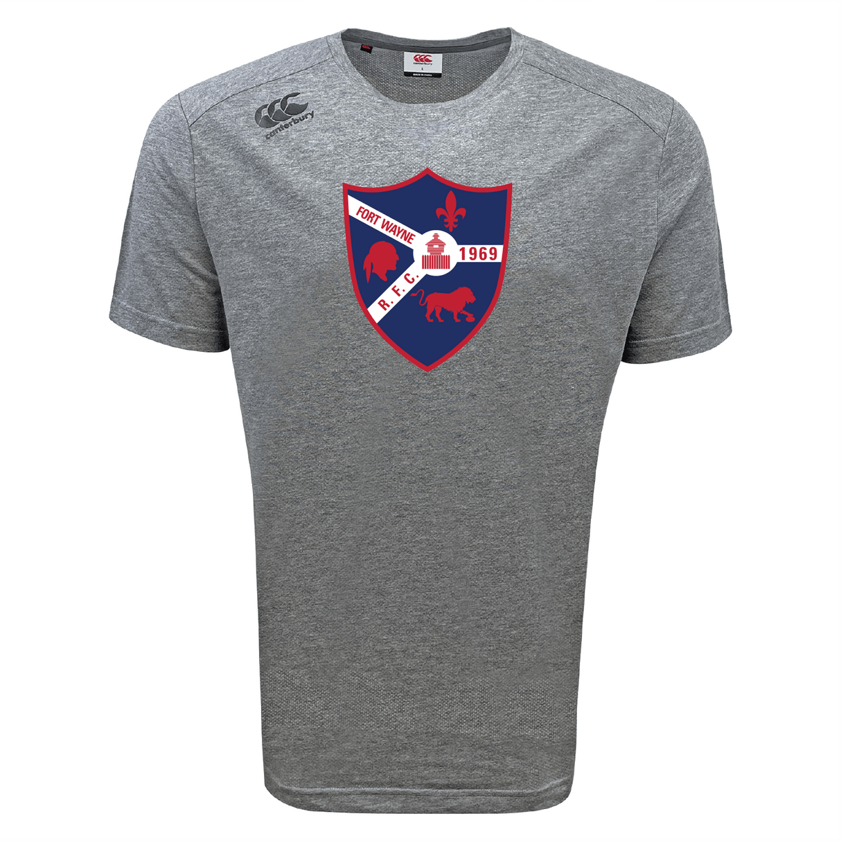 The Fort Wayne Rugby Tempo Vapodri T-Shirt by Canterbury, from WRS Canterbury, showcases a crest with a red shield outline, ship, horse, and fleur-de-lis with "Fort Wayne R.F.C 1969" in bold red and blue. Its VapoDri tech ensures excellent moisture-wicking for all-day comfort.