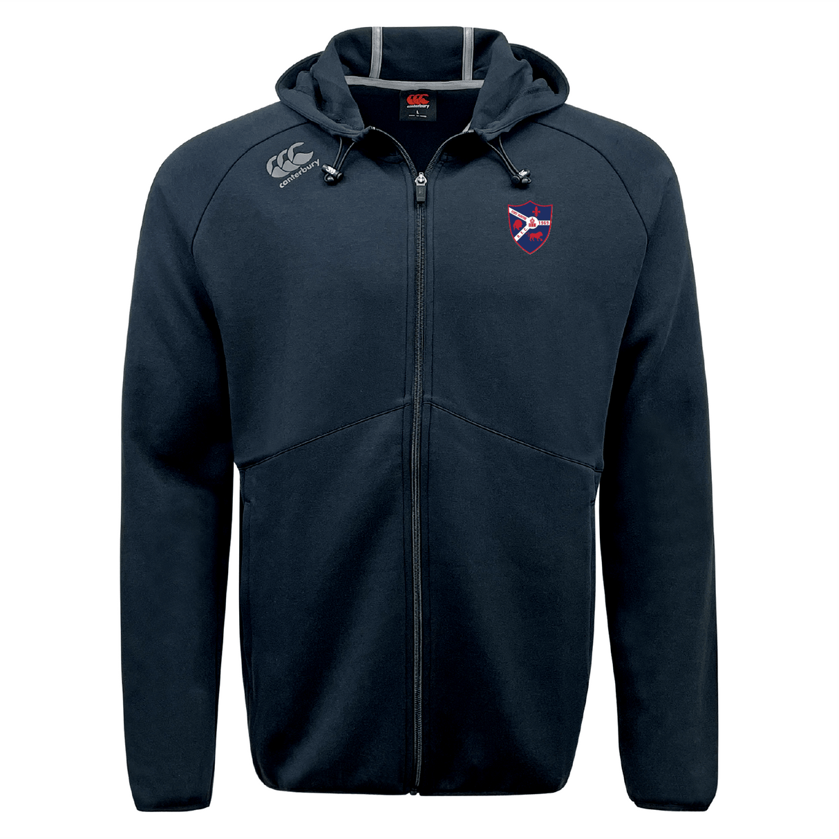 The navy blue Fort Wayne Rugby Tempo Vapodri Full-Zip Hoodie by EMB Canterbury features a red and blue chest emblem, Canterbury branding with a small shoulder logo, and moisture-wicking fabric for comfort.