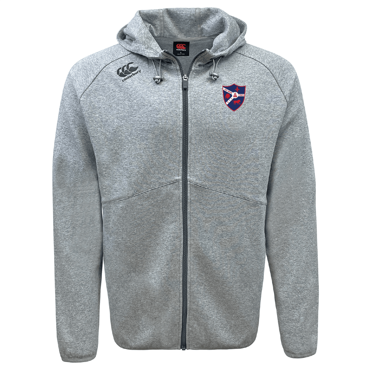 The Fort Wayne Rugby Tempo Vapodri Full-Zip Hoodie by EMB Canterbury is gray with a blue and red crest on the left chest, a logo on the right, and features a hood with drawstrings and moisture-wicking fabric for superior comfort.