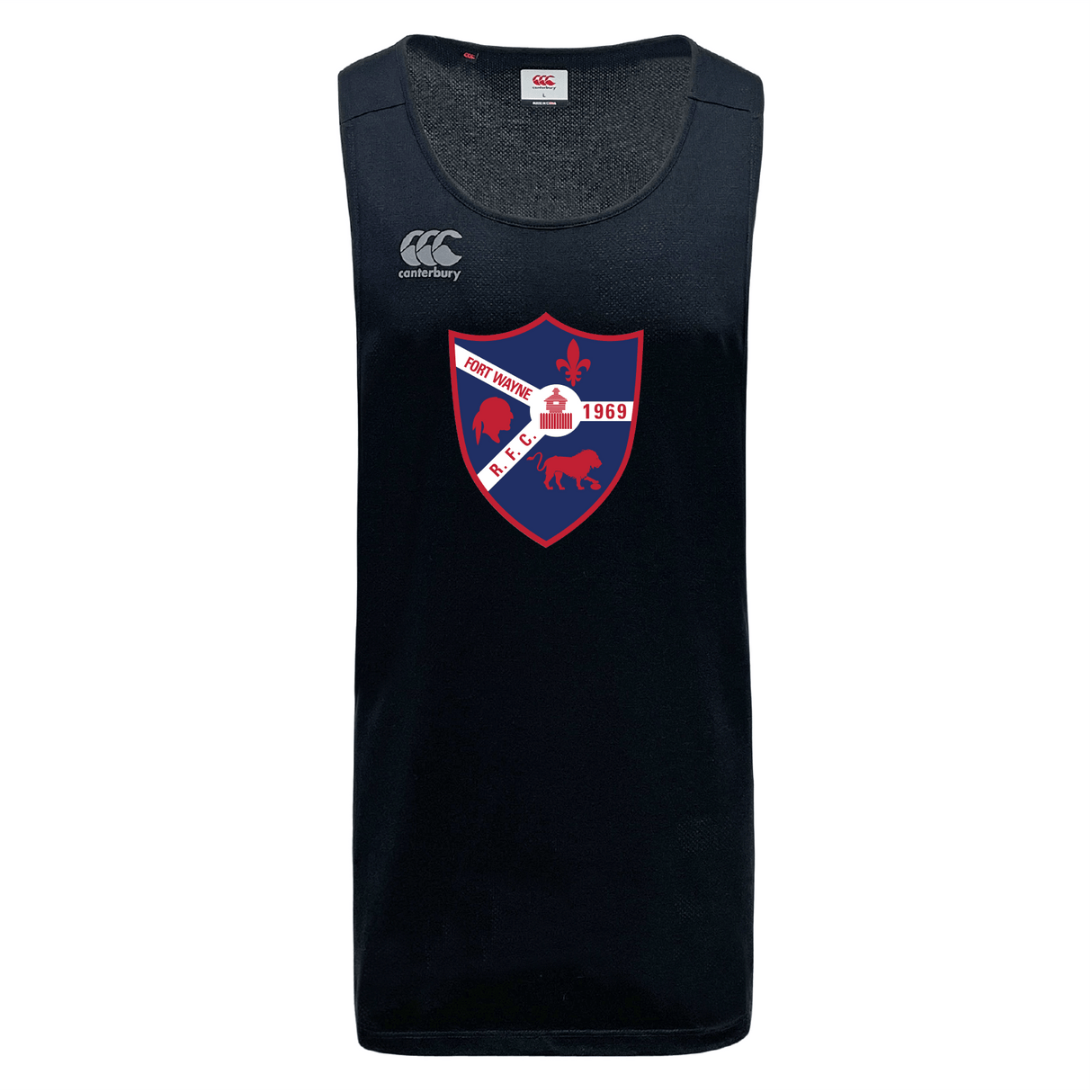 The Fort Wayne Rugby Tempo Vapodri Singlet by WRS Canterbury is a black sleeveless sports jersey made from recycled polyester, featuring a red and blue crest with "Fort Worth" and "1969" on the front. VapoDri technology helps keep you dry and comfortable.