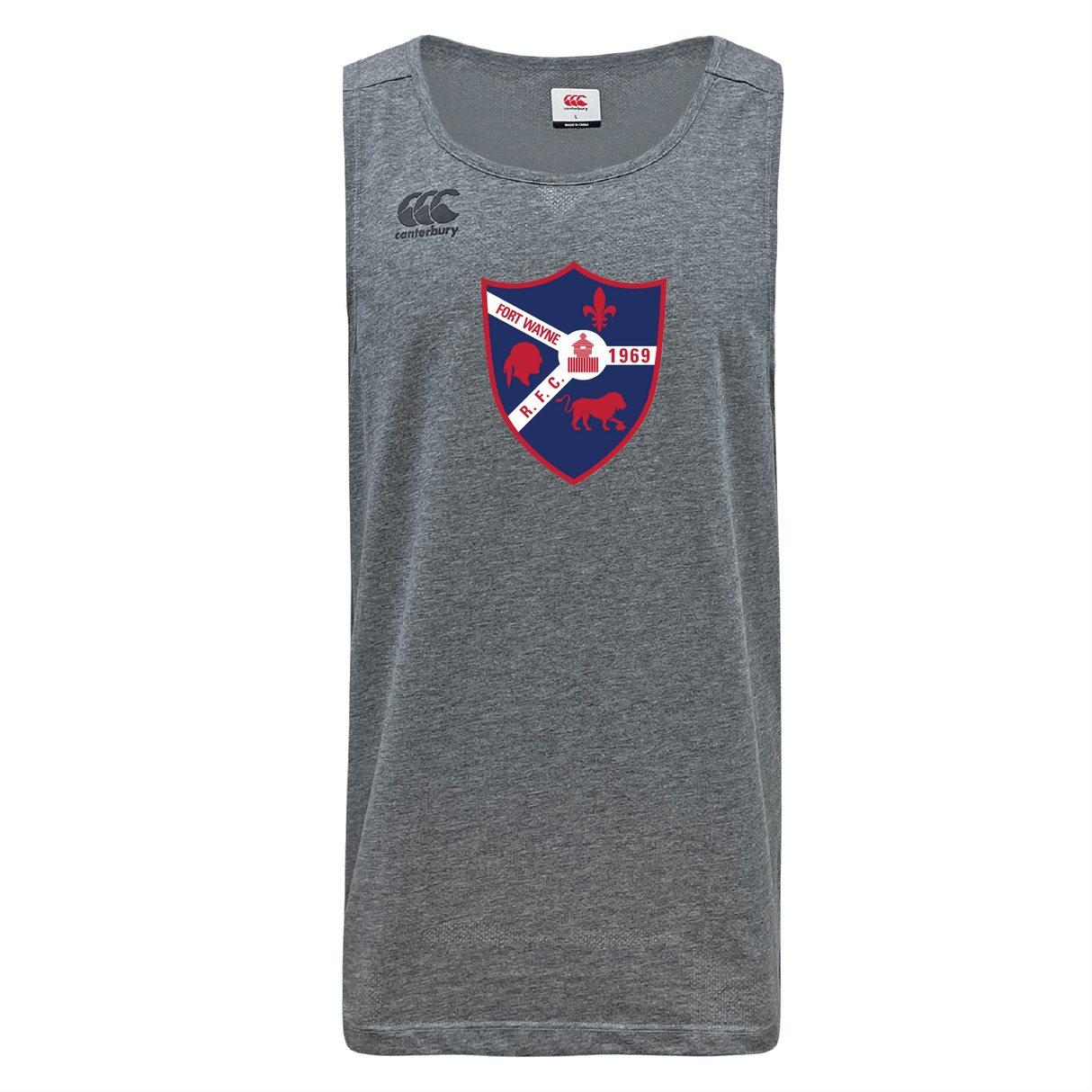 The Fort Wayne Rugby Tempo Vapodri Singlet by WRS Canterbury, a gray sleeveless jersey made from recycled polyester, features a red and blue shield logo with animals and "1969," utilizing VapoDri technology for enhanced comfort.