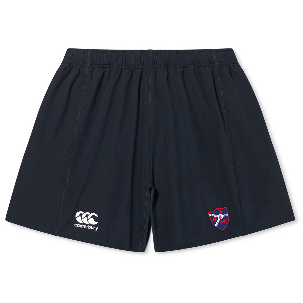 The Fort Wayne Rugby Yokohama Shorts by EMB Canterbury are dark navy with a Canterbury logo on the right leg and a white manufacturer's logo on the left. Made from lightweight, durable fabric, these athletic shorts ensure both comfort and style.