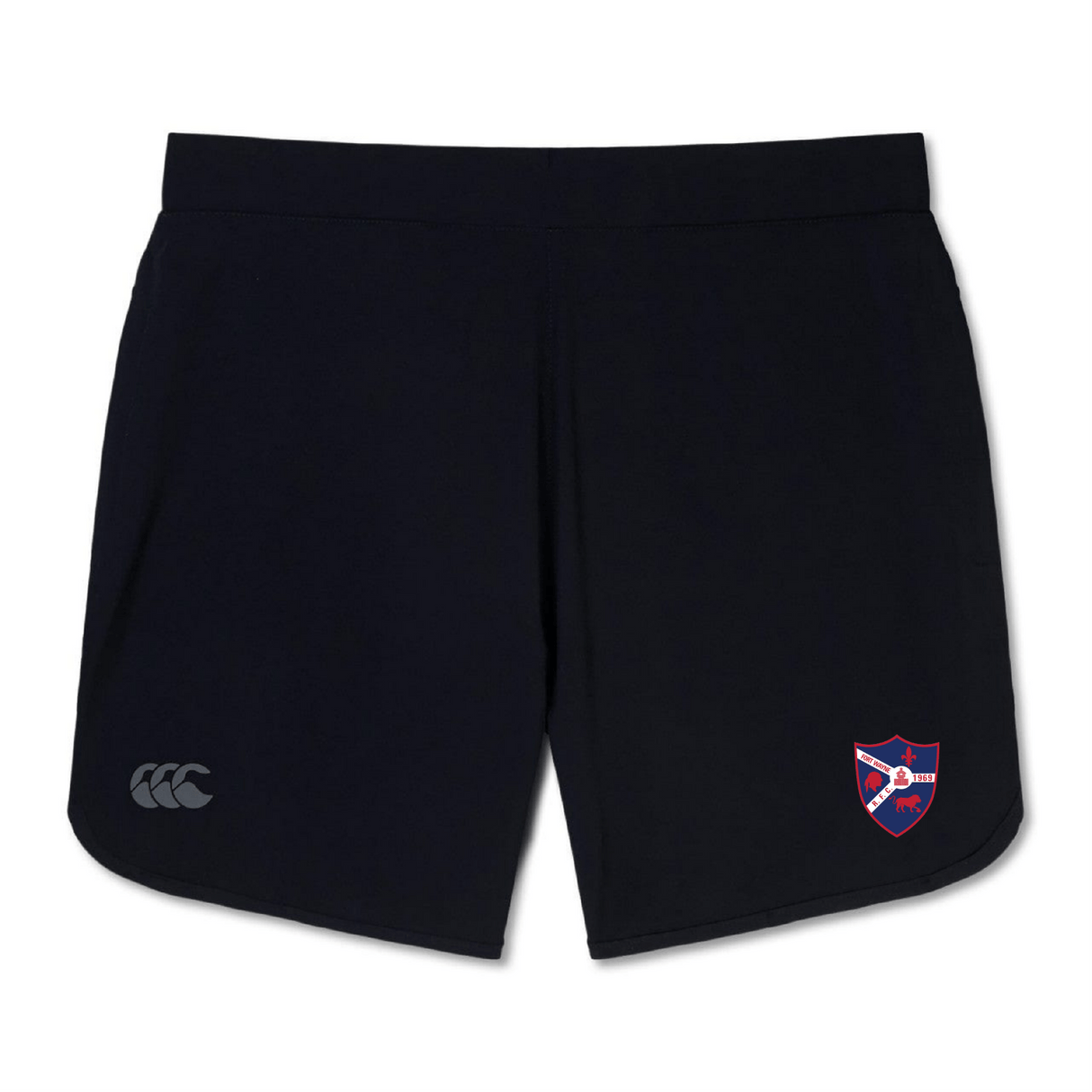 The Fort Wayne Rugby Women's Elite Woven Short by EMB Canterbury is perfect for training, featuring a black athletic design with a small embroidered crest on the right leg and a logo on the left.