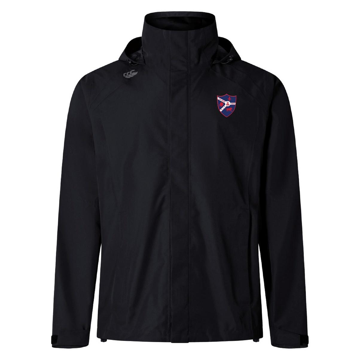 The Fort Wayne Rugby Elite Storm Jacket by EMB Canterbury is a black rain jacket with a hood and red-blue shield logo. Designed using Vaposhield technology, it offers waterproof, breathable protection to keep you dry and comfortable in any weather.