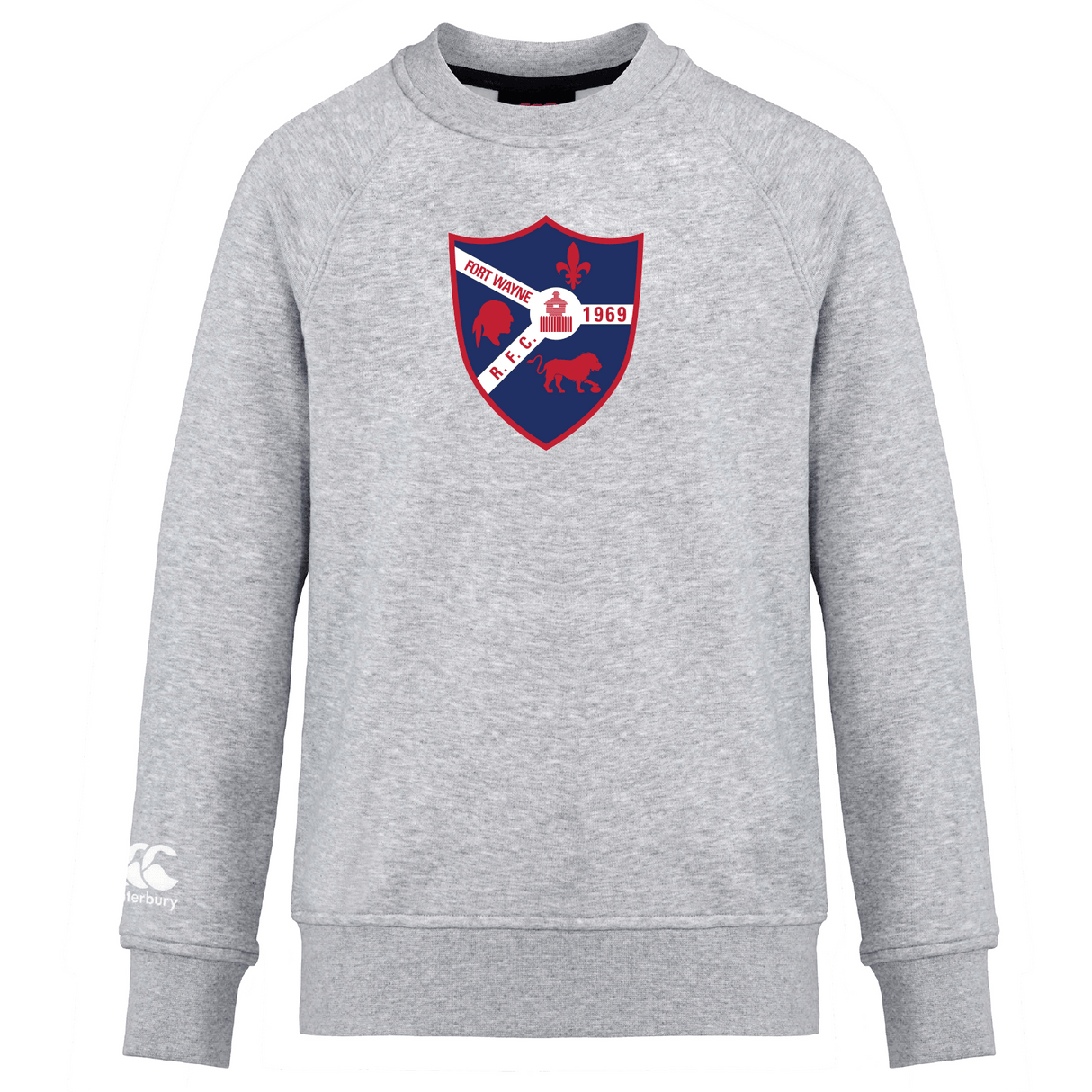The Fort Wayne Rugby Club Crew Sweatshirt by WRS Canterbury is ultra-soft, featuring a red and blue crest with a fleur-de-lis, helmet, and lion, plus an embroidered CCC logo on the left sleeve.