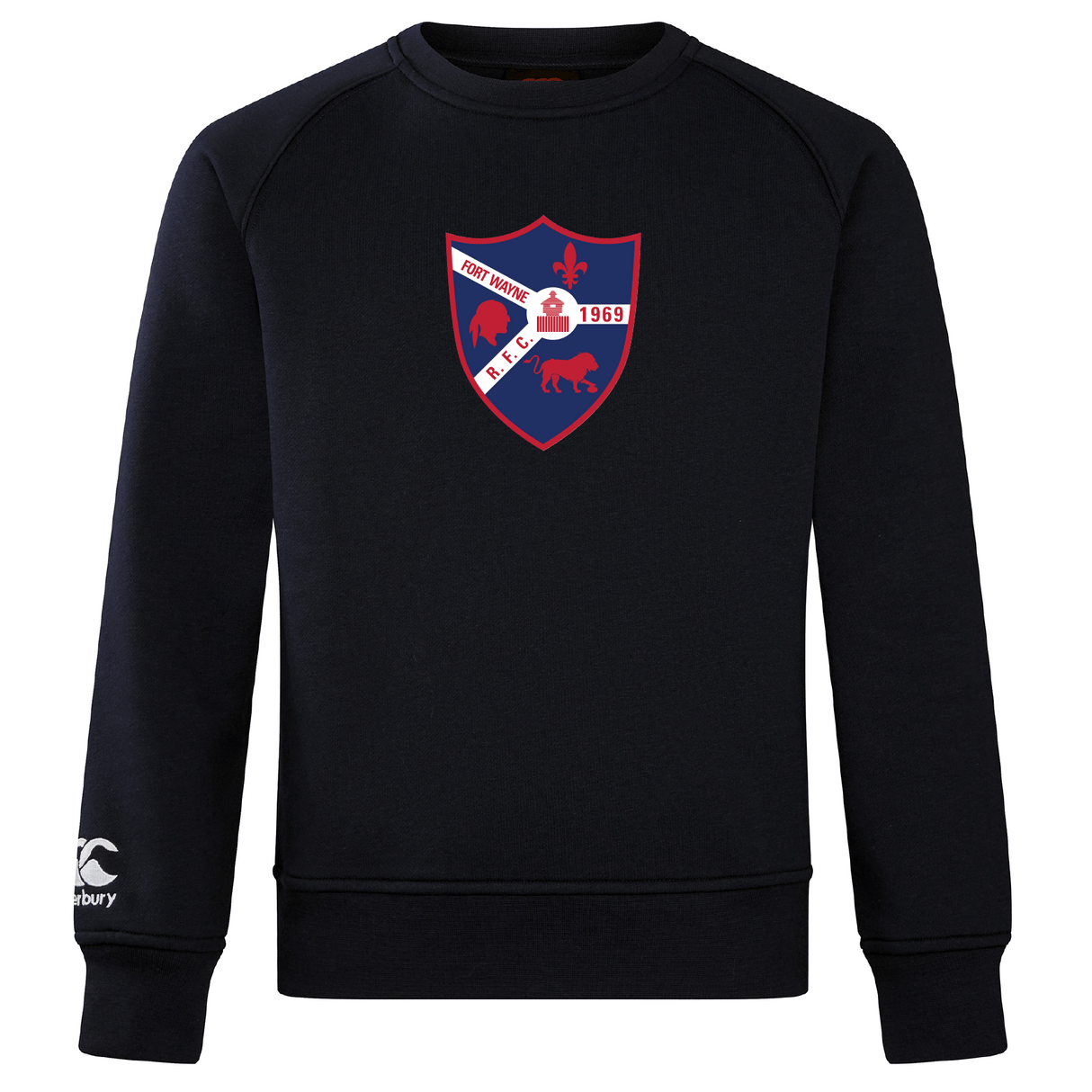 The ultra-soft black Fort Wayne Rugby Club Crew Sweatshirt by WRS Canterbury features a red and white shield with a fleur-de-lis, lion, and ship alongside "Fort Wayne RFC 1969," plus an embroidered CCC logo on the sleeve.