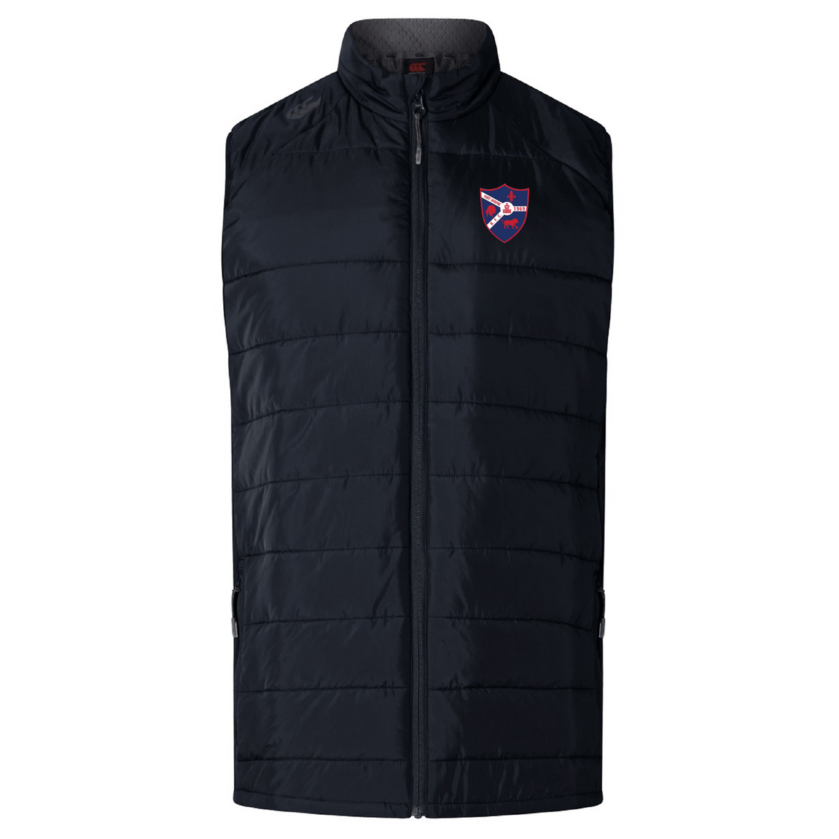 The Fort Wayne Rugby Elite Microlite Gilet by EMB Canterbury is a black sleeveless quilted vest with a high collar and logo on the left chest, featuring insulated baffles for extra warmth.