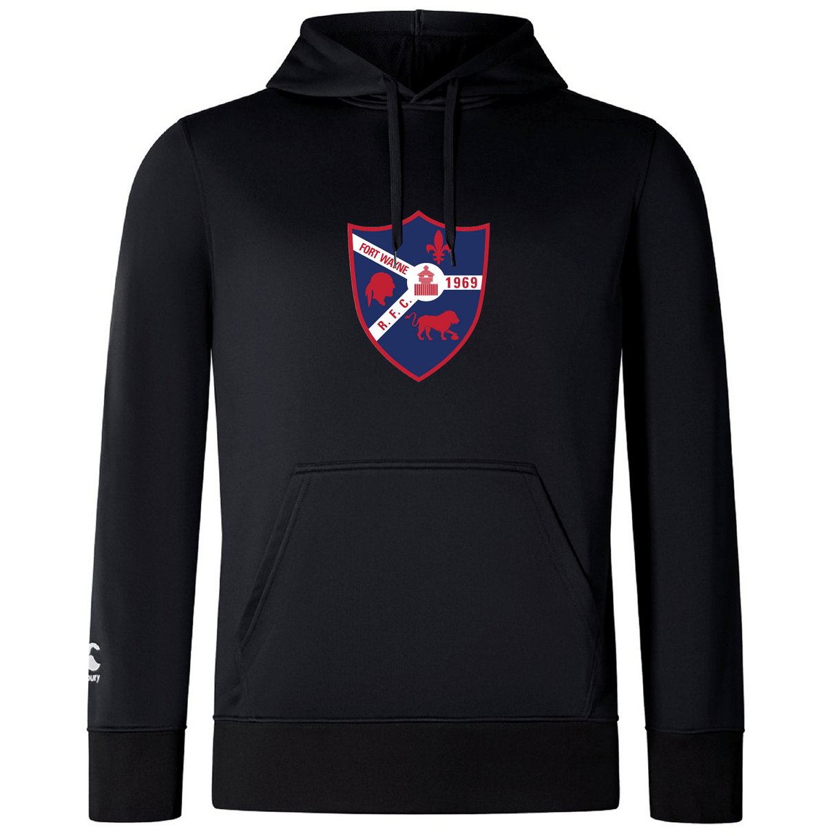 The Fort Wayne Rugby Club Lightweight Hoodie by WRS Canterbury is a sleek black polyester hoodie featuring a sports logo with red, blue, and white elements, including a shield, lion, and "1969" text. Perfect for Canterbury fans.