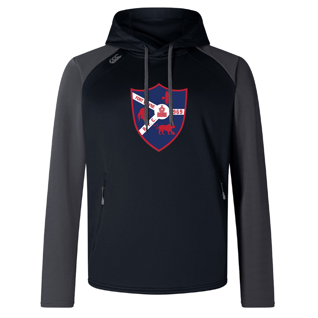 The Fort Wayne Rugby Elite Training Hoody by WRS Canterbury is a black and gray performance sweatshirt. Featuring a knight and shield crest logo on the chest, it's crafted from lower-impact materials to suit your active lifestyle.