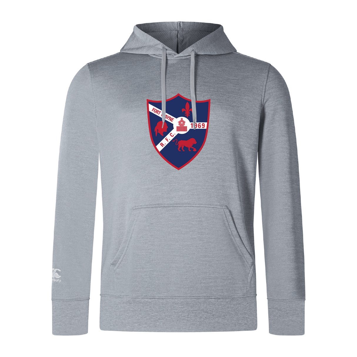 The Fort Wayne Rugby Club Lightweight Hoodie by WRS Canterbury features a polyester hood with a kangaroo and bear crest, the Canterbury logo, star, "EST. 1969" text, a front pocket, and drawstring hood for enhanced comfort and style.