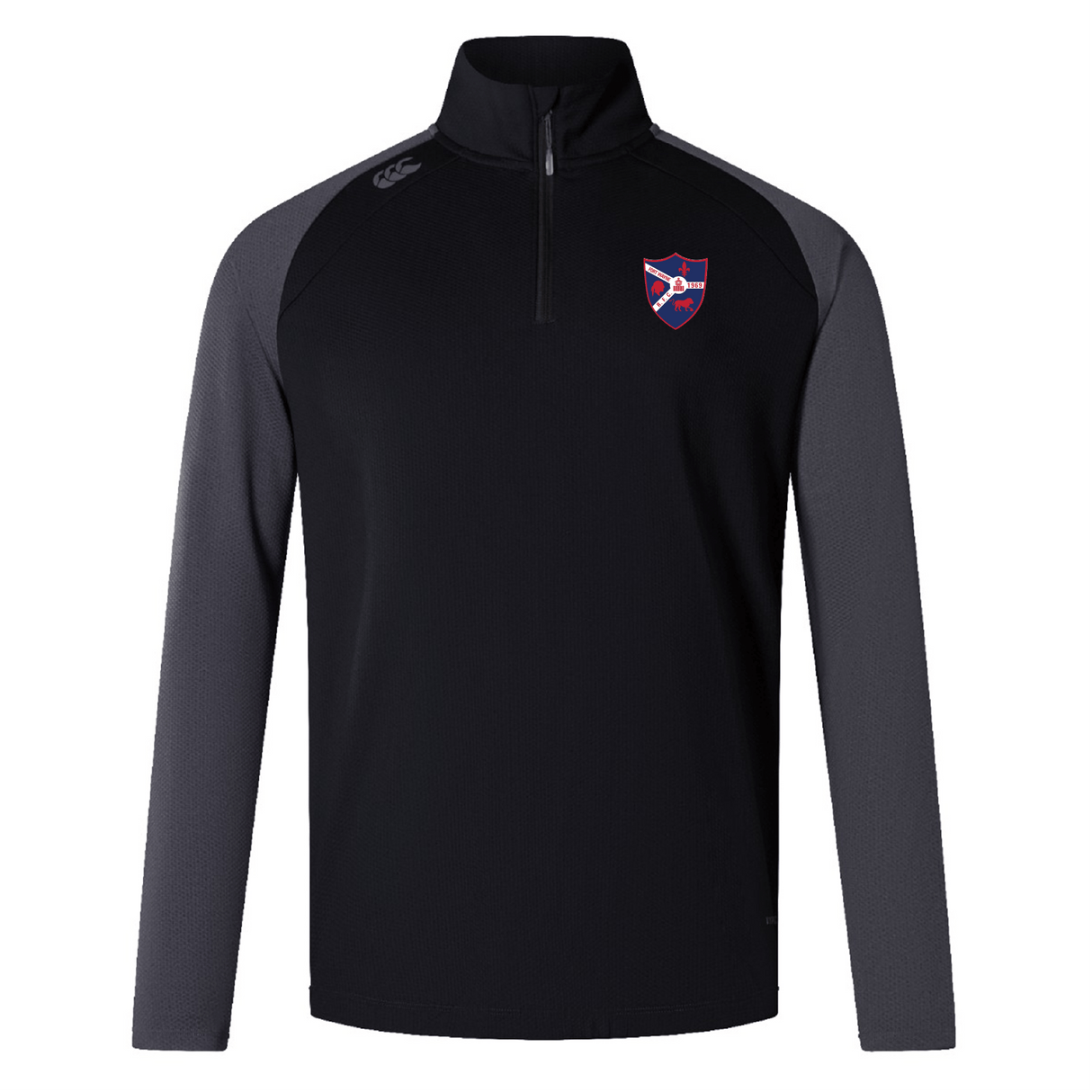 The Fort Wayne Rugby Elite First Layer by EMB Canterbury is a black and gray long-sleeve pullover with VapoDri technology for quick drying, featuring a quarter-zip and shield emblem on the chest, perfect for rugby training.