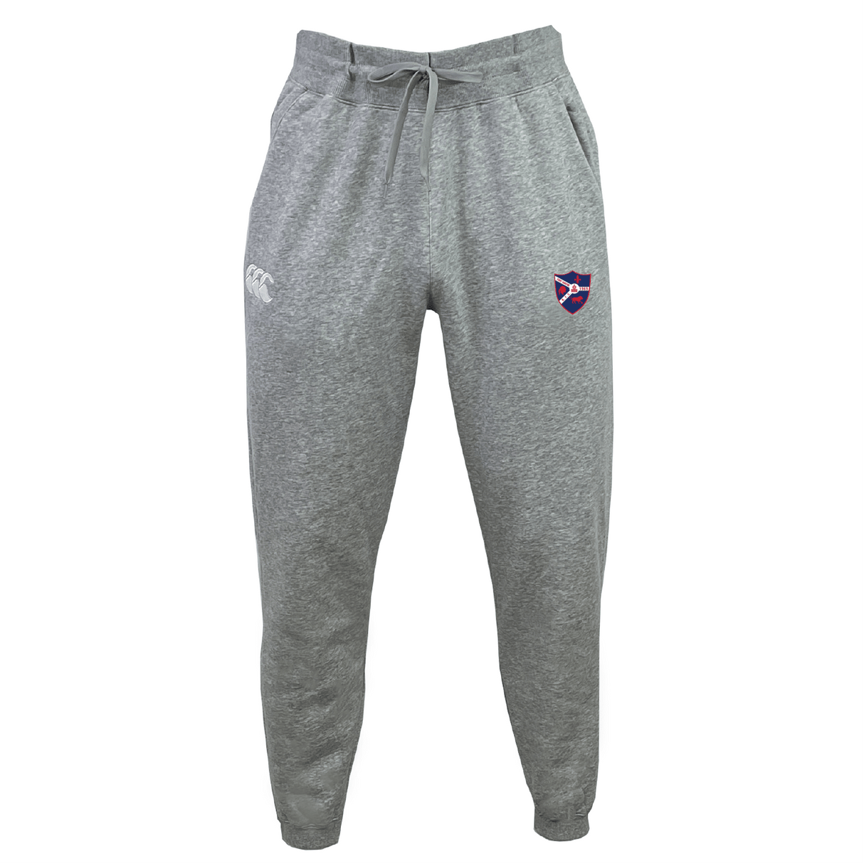 Fort Wayne Rugby Leisure Sweatpant by EMB Canterbury, in recycled polyester, has a drawstring waist with a small logo on the right side and an emblem on the left thigh.