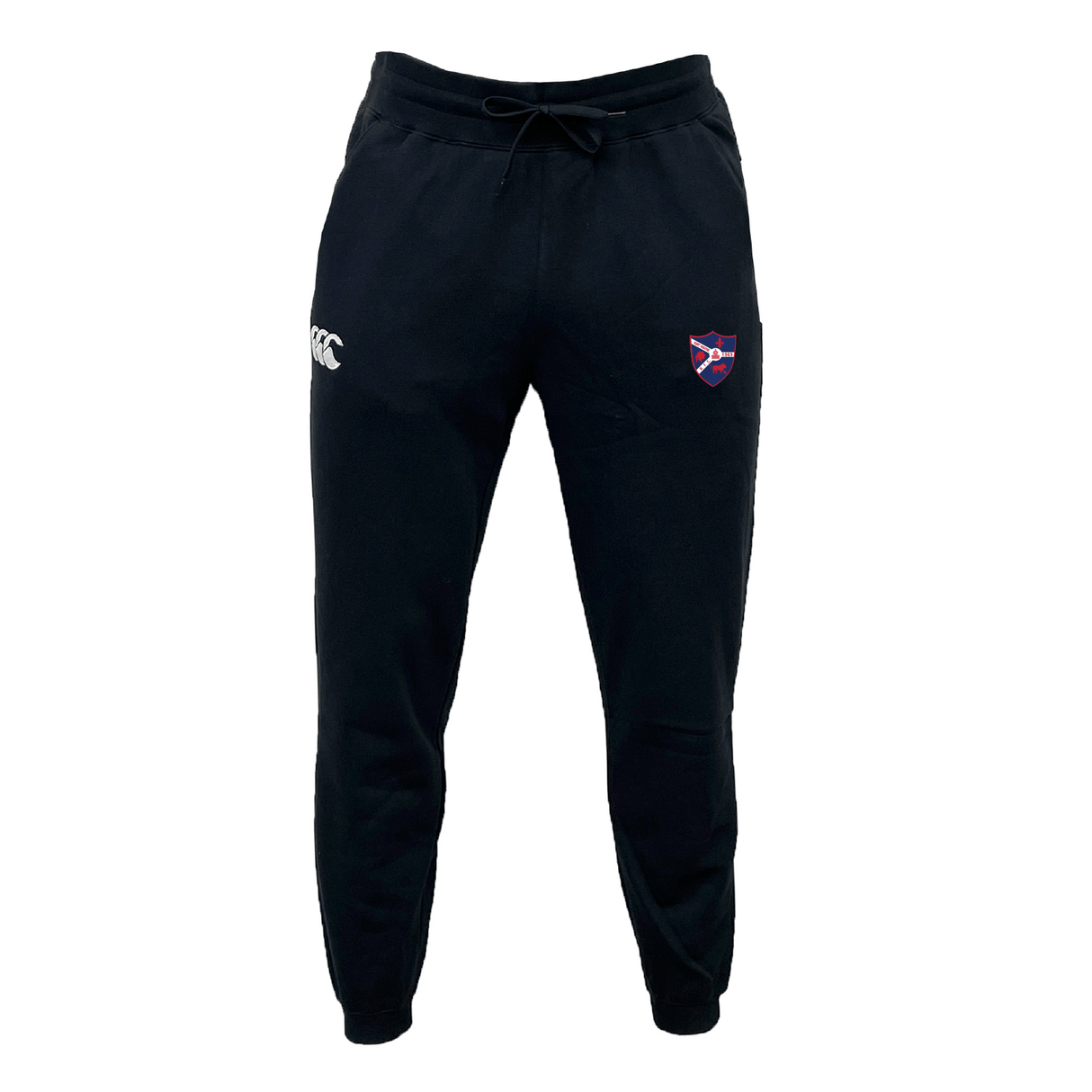 The Fort Wayne Rugby Leisure Sweatpant by EMB Canterbury is crafted from black organic cotton and features a white logo on the left thigh, a shield emblem on the right, a drawstring waist, and tapered legs, perfect for leisure activities.