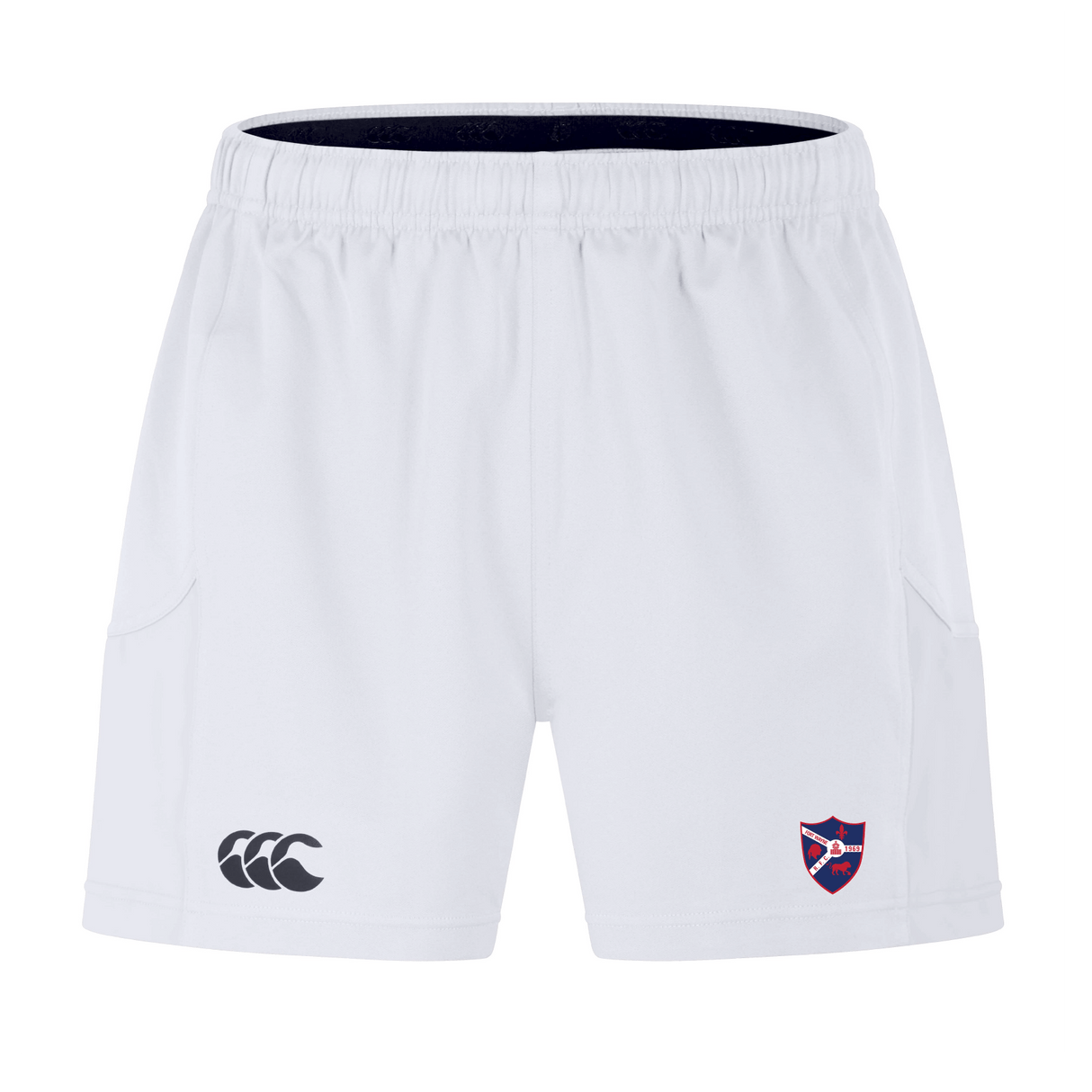 Try the Fort Wayne Rugby Advantage Short 2.0 by EMB Canterbury for peak performance. These white athletic shorts with an elastic waistband feature a logo on the left leg and a crest on the right, blending style and sustainability to enhance your activewear collection.
