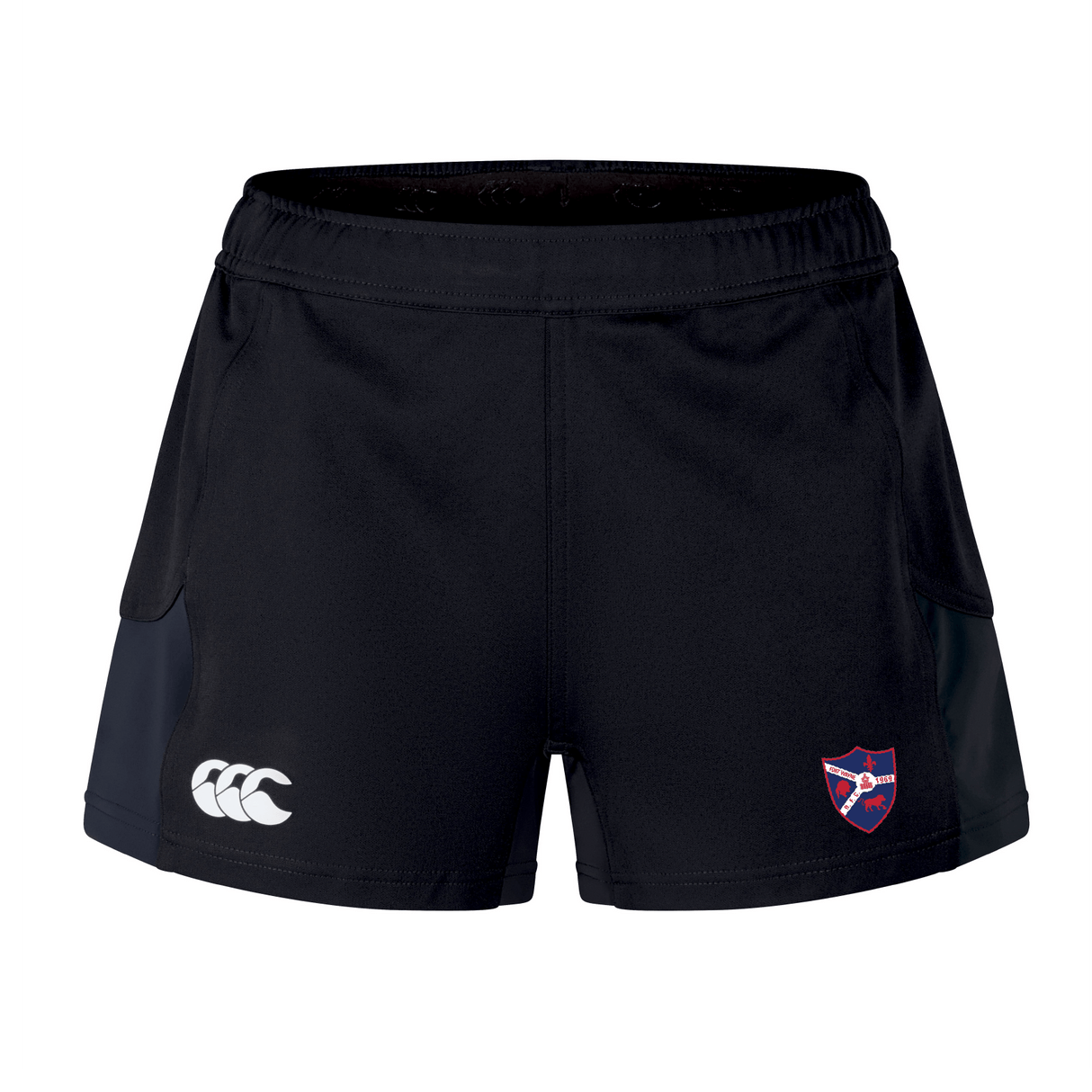 Introducing the Fort Wayne Rugby Women's Advantage Short 2.0 by EMB Canterbury, designed for performance and sustainability. These black athletic shorts have a white logo on the left and a red and blue emblem on the right, crafted with recycled content for eco-friendly athletes.