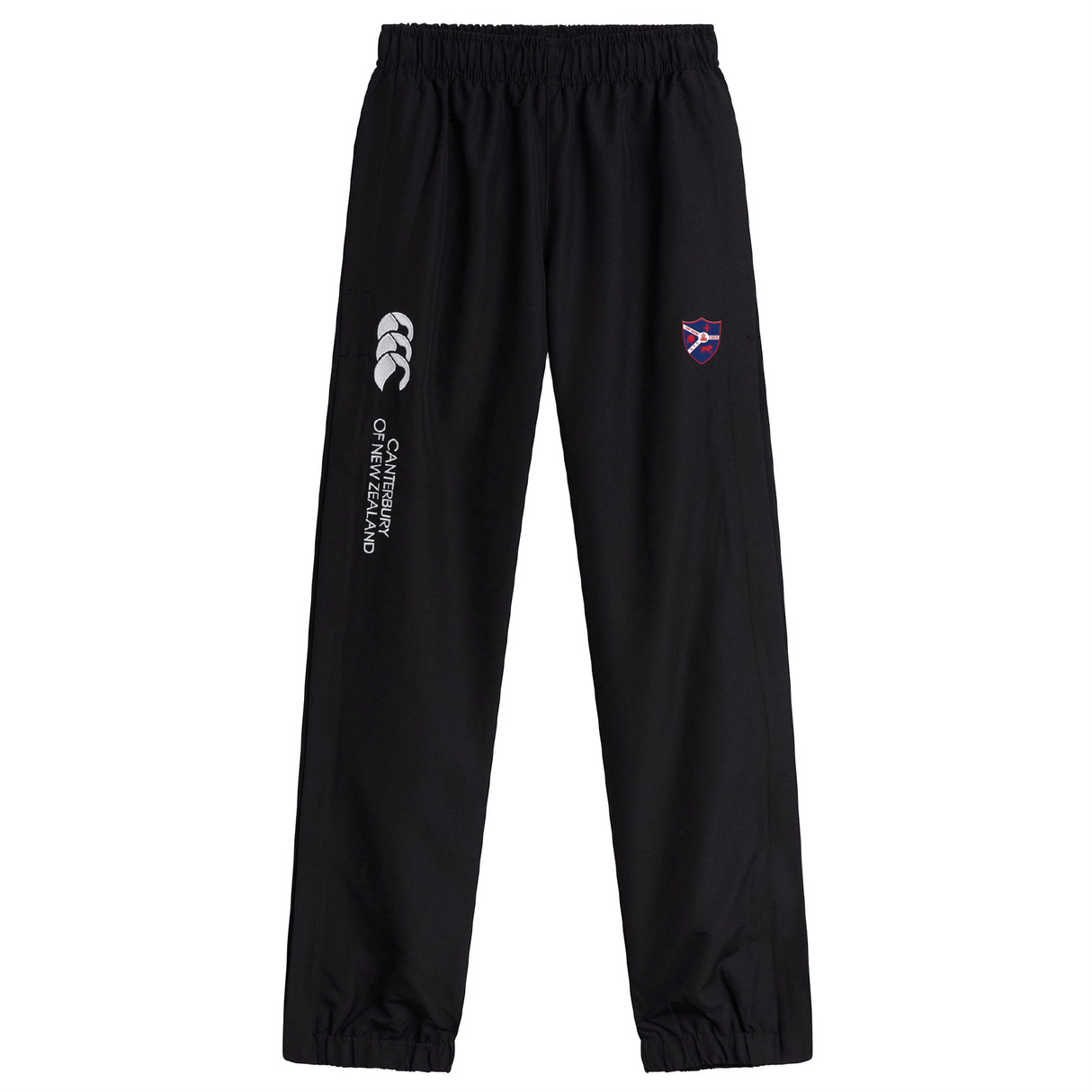 The Fort Wayne Rugby Cuffed Hem Stadium Pant by EMB Canterbury is ideal for rugby enthusiasts, featuring a stylish black design with cuffed hems, logo, and crest on the upper legs for comfort and flair.