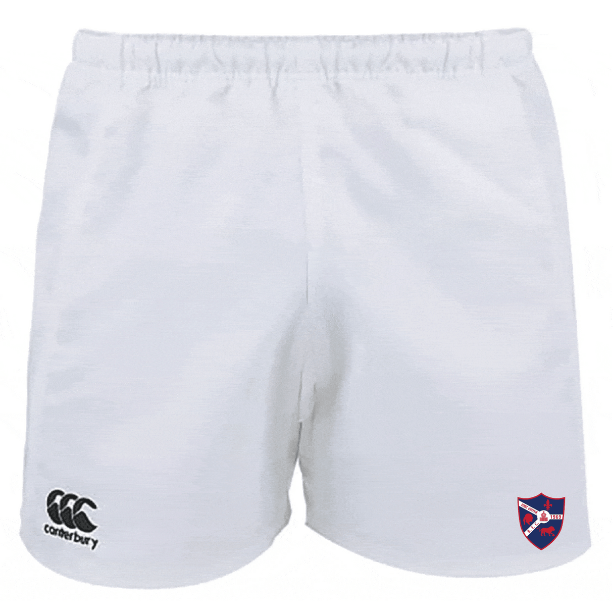 The Fort Wayne Rugby Advantage Rugby Shorts by EMB Canterbury, featuring a logo on the left leg and a sports team crest on the right, are made with moisture-wicking fabric to ensure dryness and comfort.