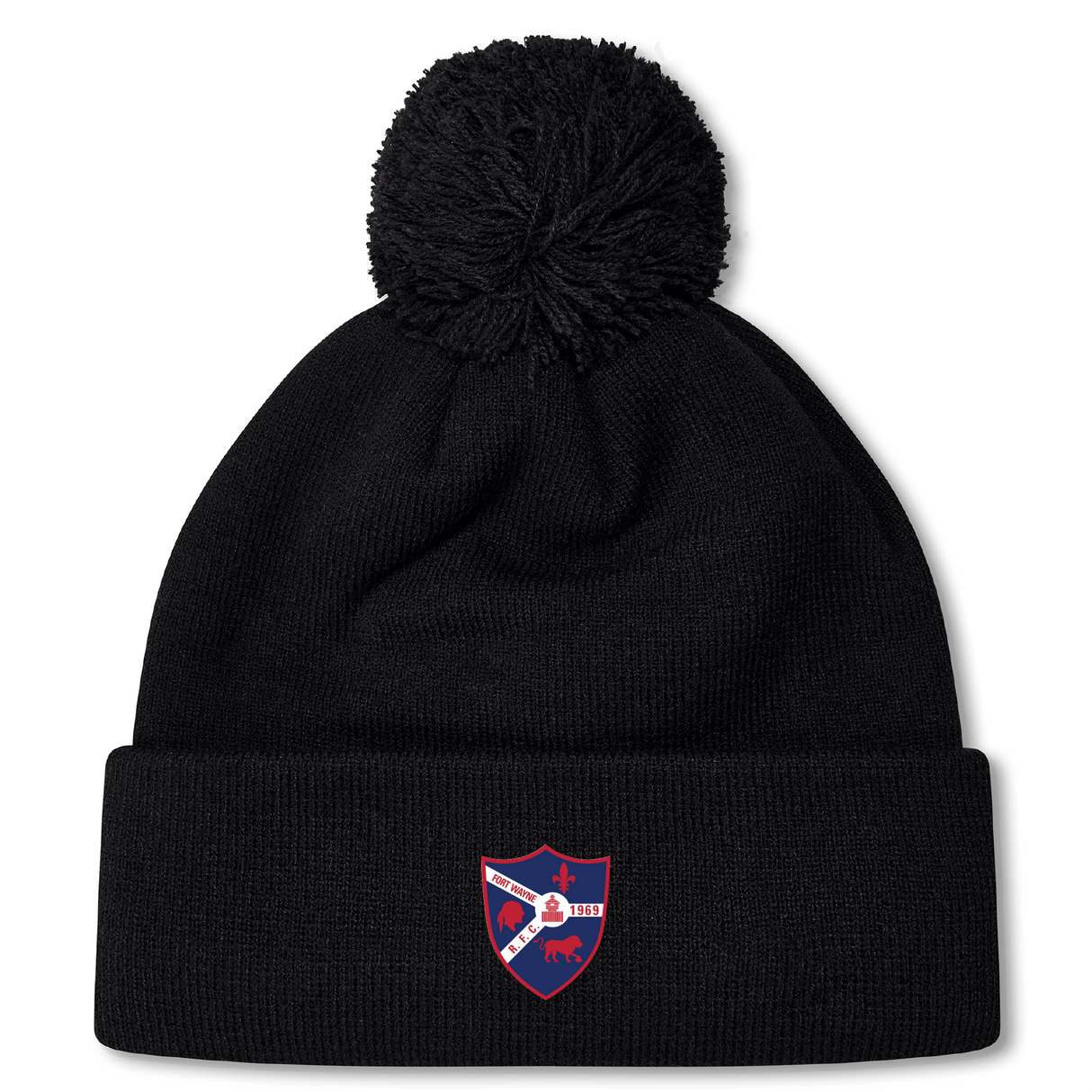 The Fort Wayne Rugby Pom Pom Beanie by EMB Canterbury features a black fleece-lined design with an embroidered red, blue, and white shield patch. Ideal for Canterbury Rugby fans or as a stylish rugby bobble hat.