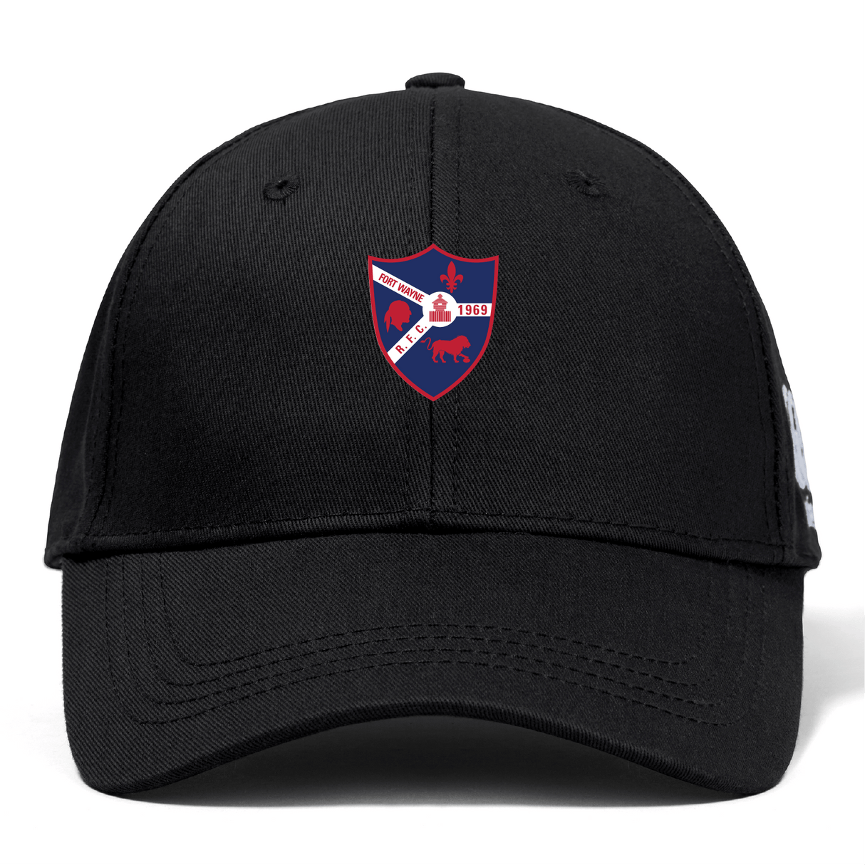 The Fort Wayne Rugby Flexfit Drill Cap by EMB Canterbury, in black, features an embroidered shield-shaped emblem with a bear, dinosaur, lighthouse, and the date 1959—combining style and nostalgia perfectly.