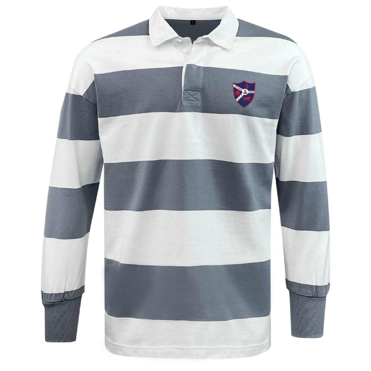 The EMB Mudoo Fort Wayne Rugby Classic Long Sleeve Hooped Rugby Jersey, with wide gray and white stripes and a red and blue shield logo on the left chest, captures a timeless throwback aesthetic.