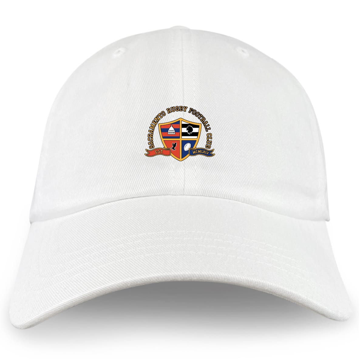 The EMB S&S Activewear Sacramento Rugby Football Club Adult Low-Profile Cotton Twill Dad Cap features the club crest embroidered on the front, ideal for showing team spirit.