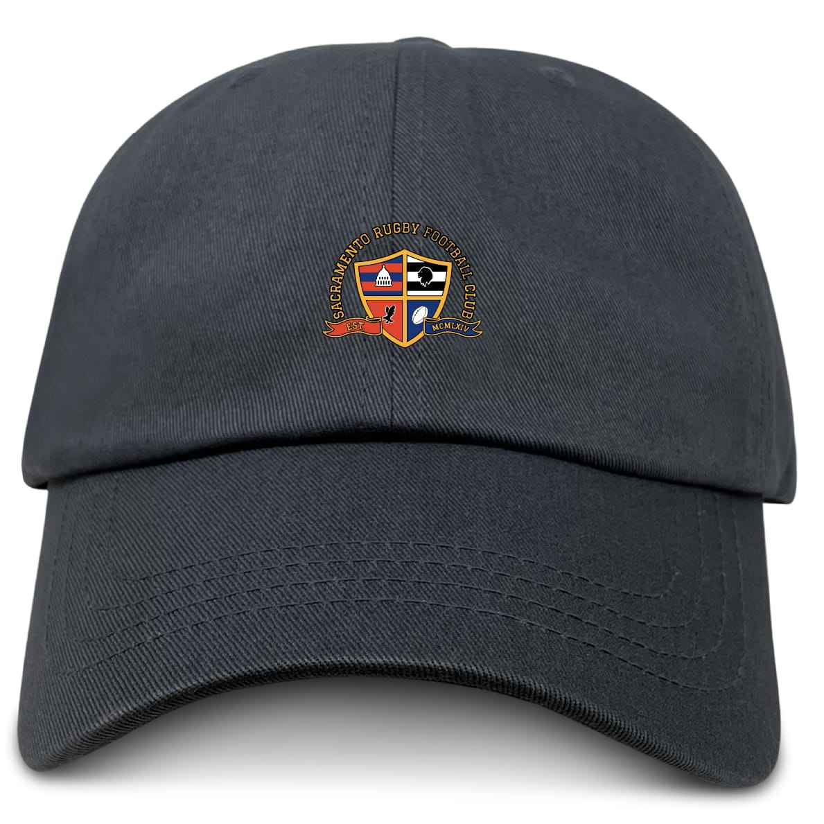 The EMB S&S Activewear Sacramento Rugby Football Club Adult Low-Profile Cotton Twill Dad Cap features an embroidered multicolored club crest and team branding on the front.