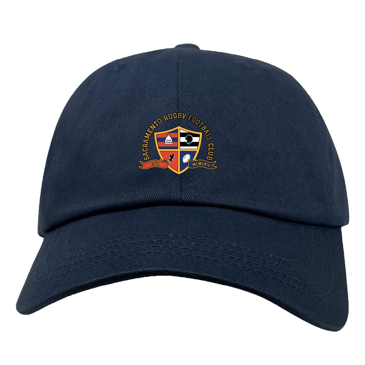 The EMB S&S Activewear Sacramento Rugby Football Club Adult Low-Profile Cotton Twill Dad Cap features the team crest embroidered on navy blue cotton twill, offering classic club style.