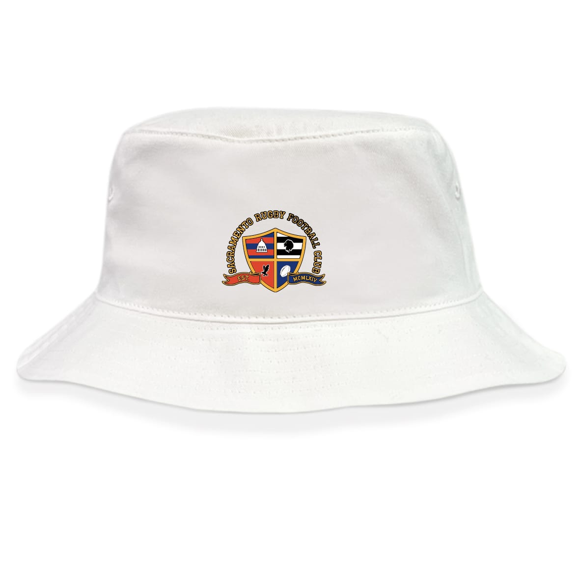 The EMB S&S Activewear Sacramento Rugby Football Club Crusher Bucket Cap is a white cotton hat with an embroidered multicolored crest and text on the front, perfect for sun protection during outdoor matches.