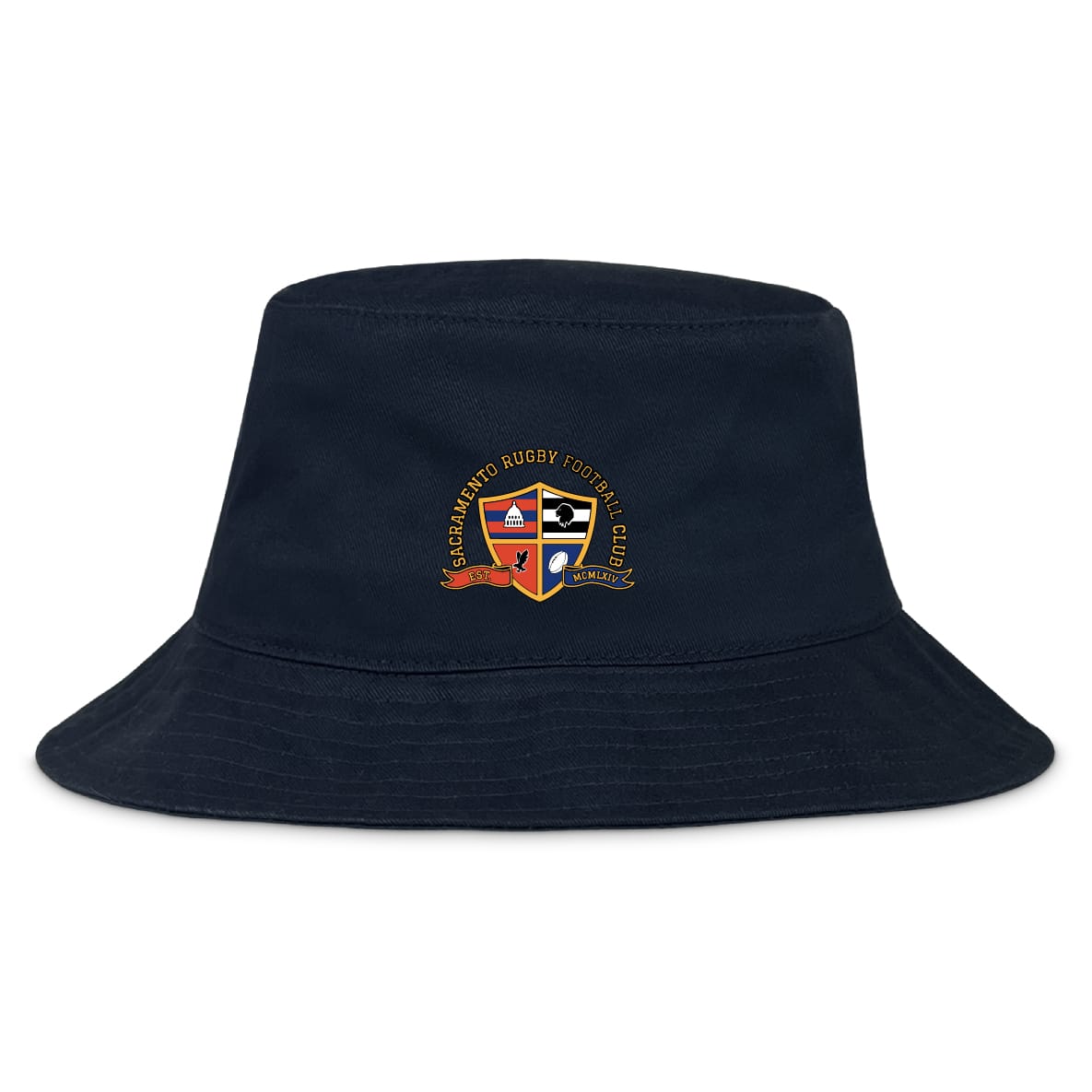 The EMB S&S Activewear Sacramento Rugby Football Club Crusher Bucket Cap is a navy blue cotton hat with the club’s embroidered crest on the front, offering classic style and sun protection.