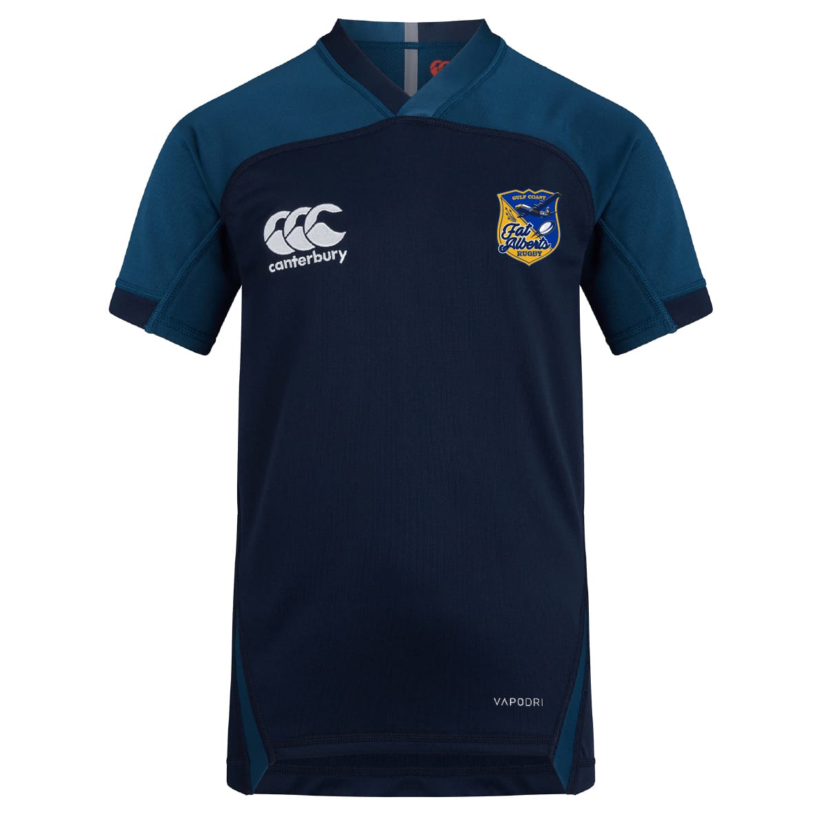 The Gulf Coast Fat Alberts Vapodri Evader Jersey by EMB Canterbury is navy blue with short sleeves, a moisture-wicking finish, the Canterbury logo on the right chest, and a club crest on the left.