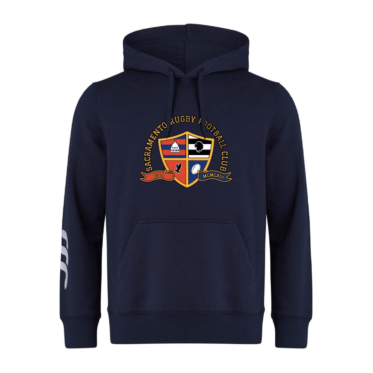 The Sacramento Rugby Football Club Club Hoodie by Canterbury from WRS Canterbury features the club crest on the front and three white diagonal stripes on the left sleeve.