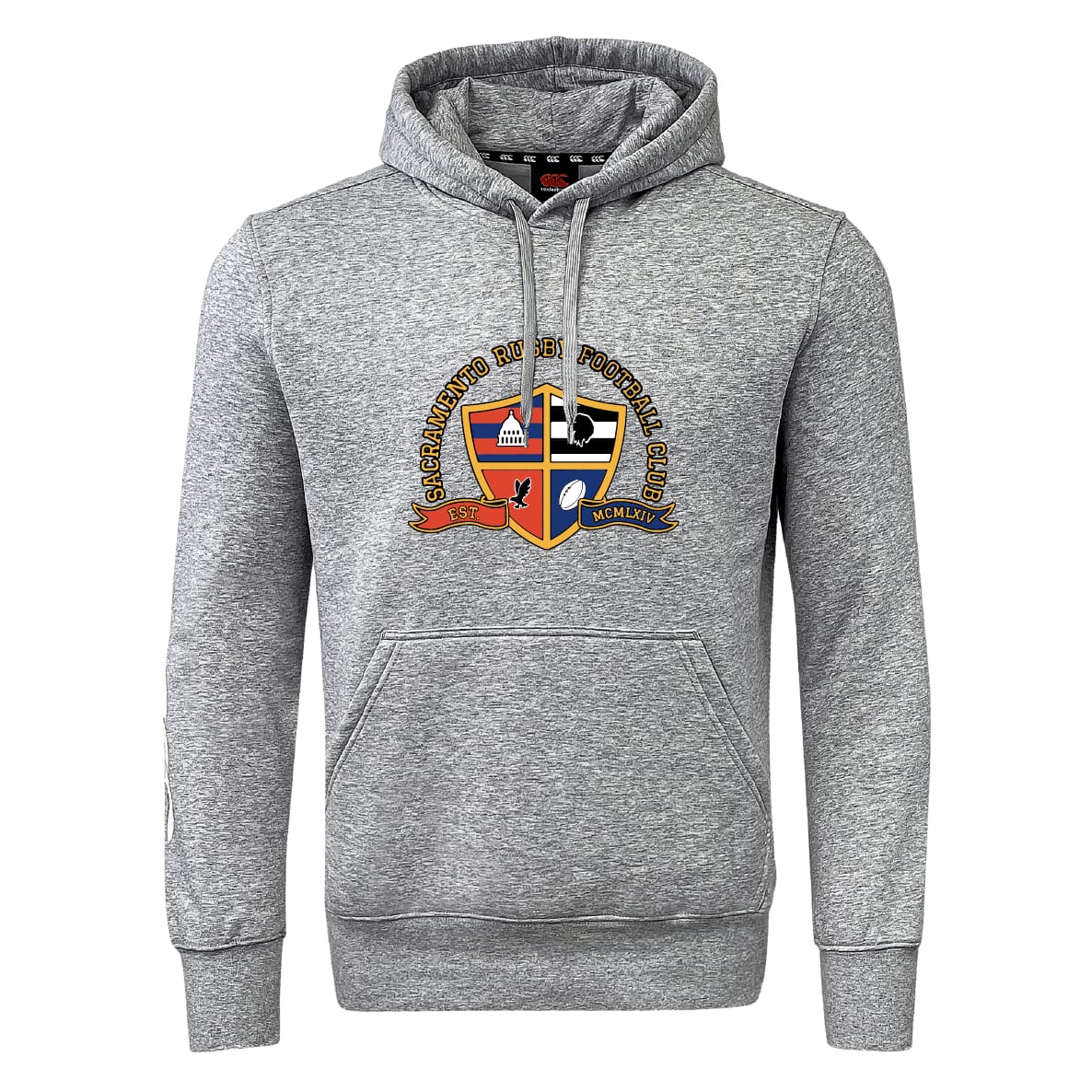 The Sacramento Rugby Football Club Club Hoodie by WRS Canterbury is a gray hoodie with a front pocket and a colorful club crest on the chest.