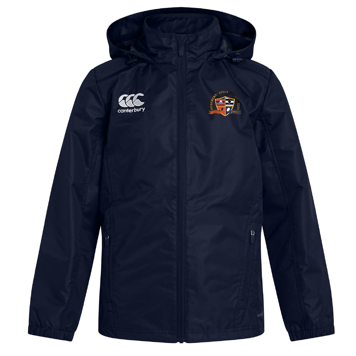 The EMB Canterbury Sacramento Rugby Football Club Vaposhield Full Zip Rain Jacket is navy blue with a hood, school crest, and Canterbury logo on the chest. Made with VapoShield tech for superior water resistance.