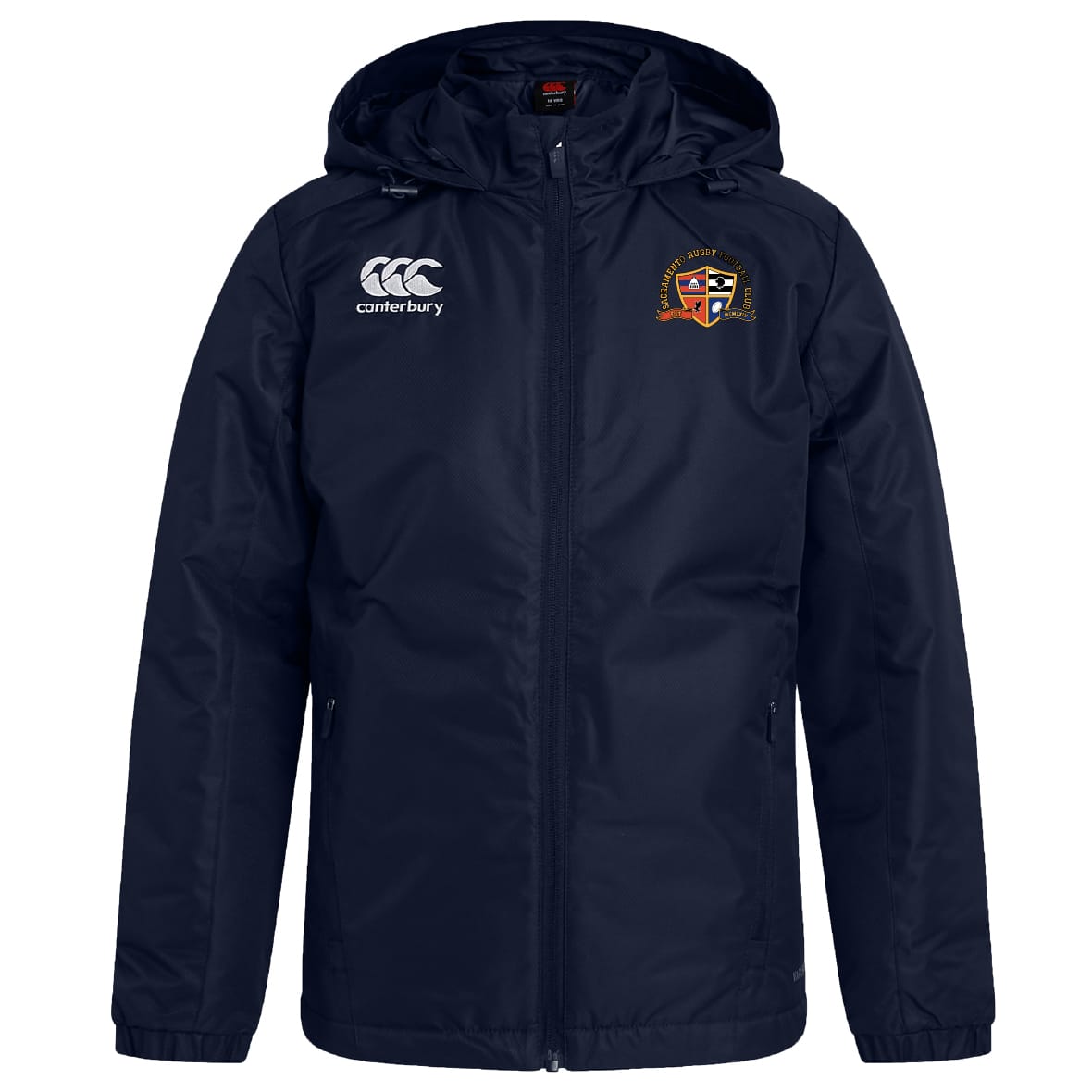 The Sacramento Rugby Football Club Vaposhield Stadium Jacket by EMB Canterbury is a navy blue, zip-front jacket with a white Canterbury logo on the right chest, a multi-colored crest on the left, and padded insulation for warmth.