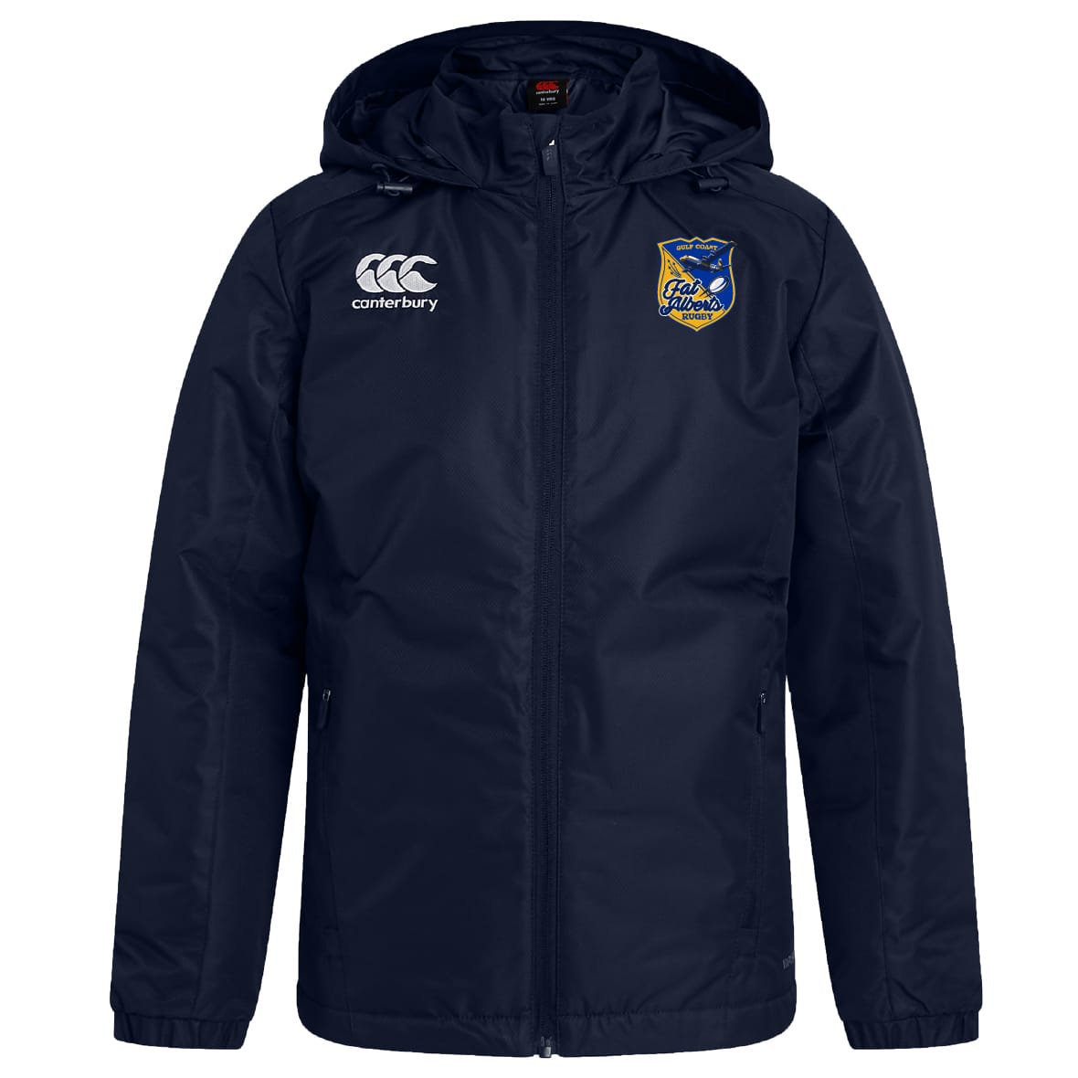 Stay dry in the EMB Canterbury Gulf Coast Fat Alberts Club Vaposhield Full Zip Rain Jacket, featuring water-resistant navy blue fabric, a zipper, Canterbury logo on the right chest, and the club crest on the left. Perfect for wet weather.