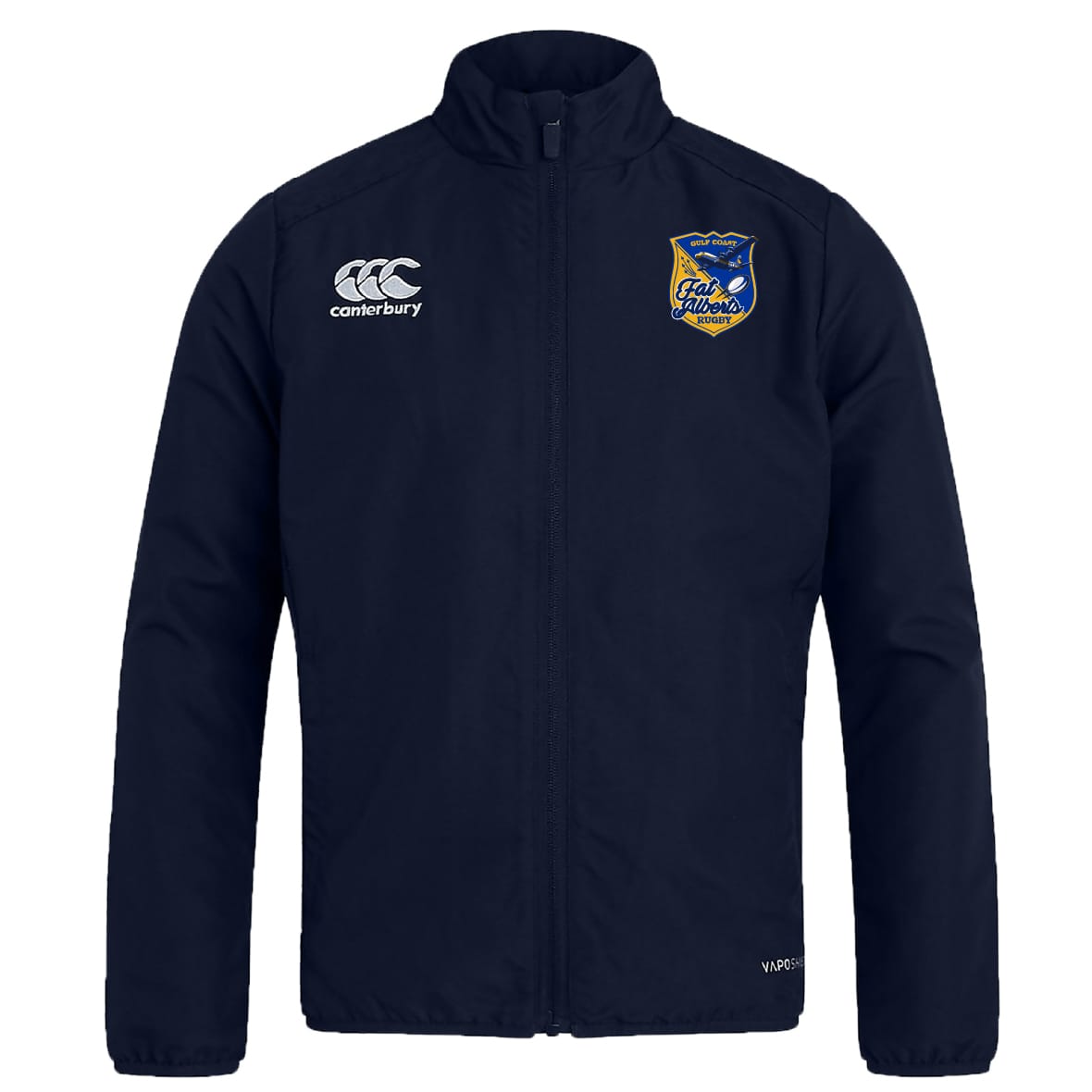 The EMB Canterbury Gulf Coast Fat Alberts Club Track Jacket is a navy lightweight jacket with a high collar, Canterbury logo on the right chest, and a yellow-blue crest on the left chest.