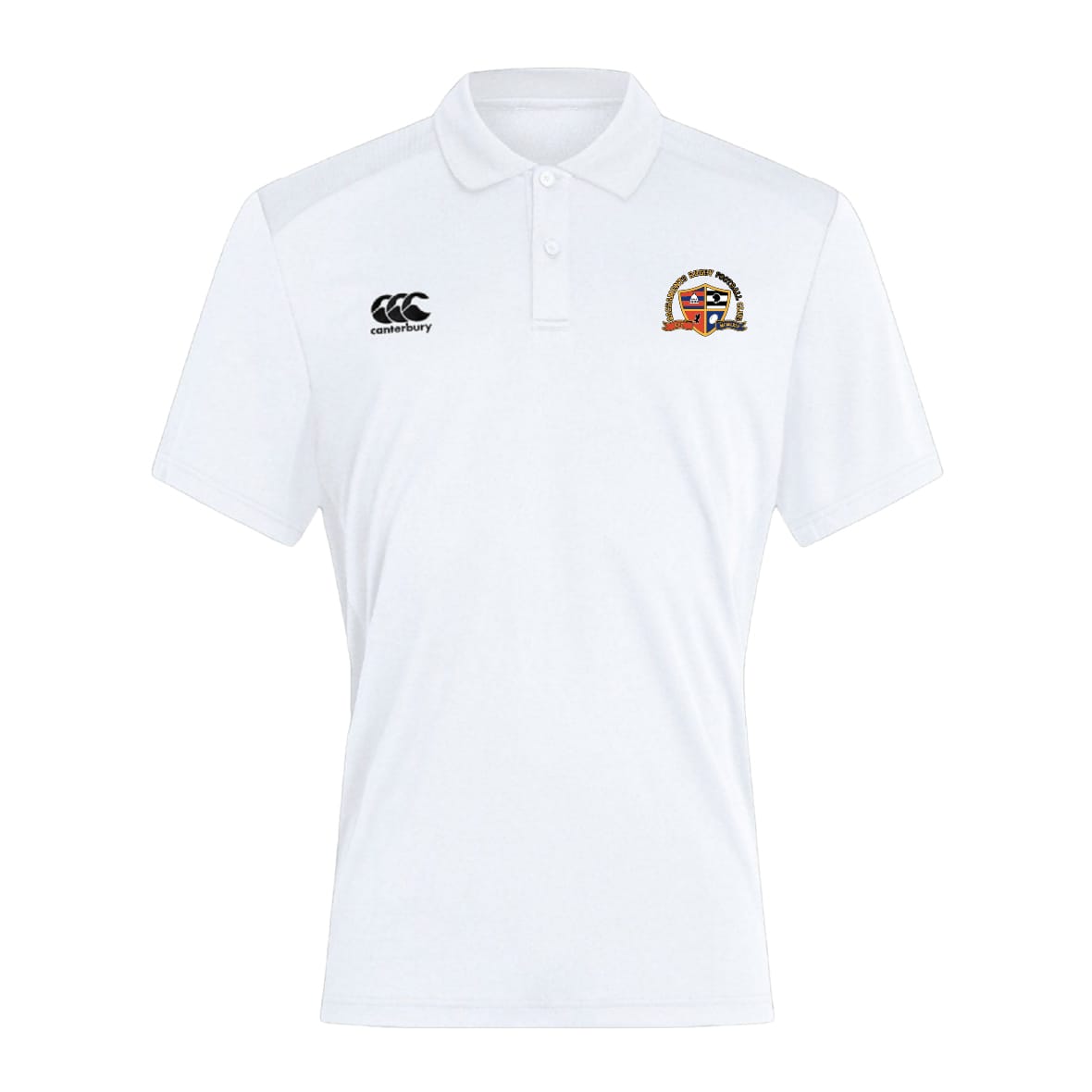 The EMB Canterbury Sacramento Rugby Football Club Club Dry Polo is a white, breathable short-sleeve shirt with a collar, three buttons, and two embroidered chest logos.