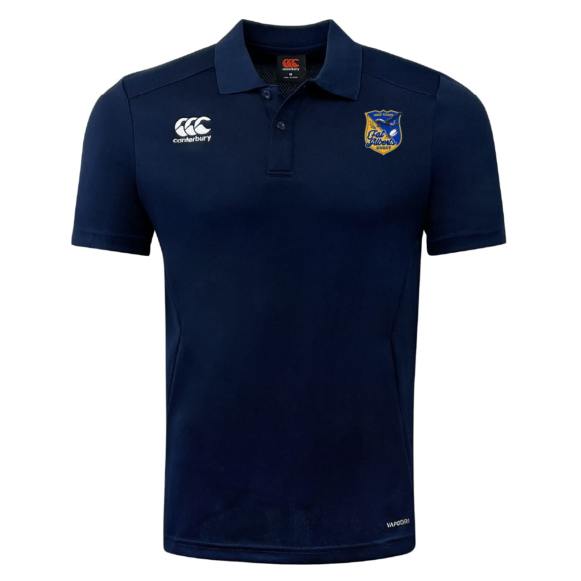 The Gulf Coast Fat Alberts Club Dry Polo by EMB Canterbury features Vapodri Technology for breathability, a collar, the Canterbury logo on the right chest, and a shield emblem with "Filo School" on the left.