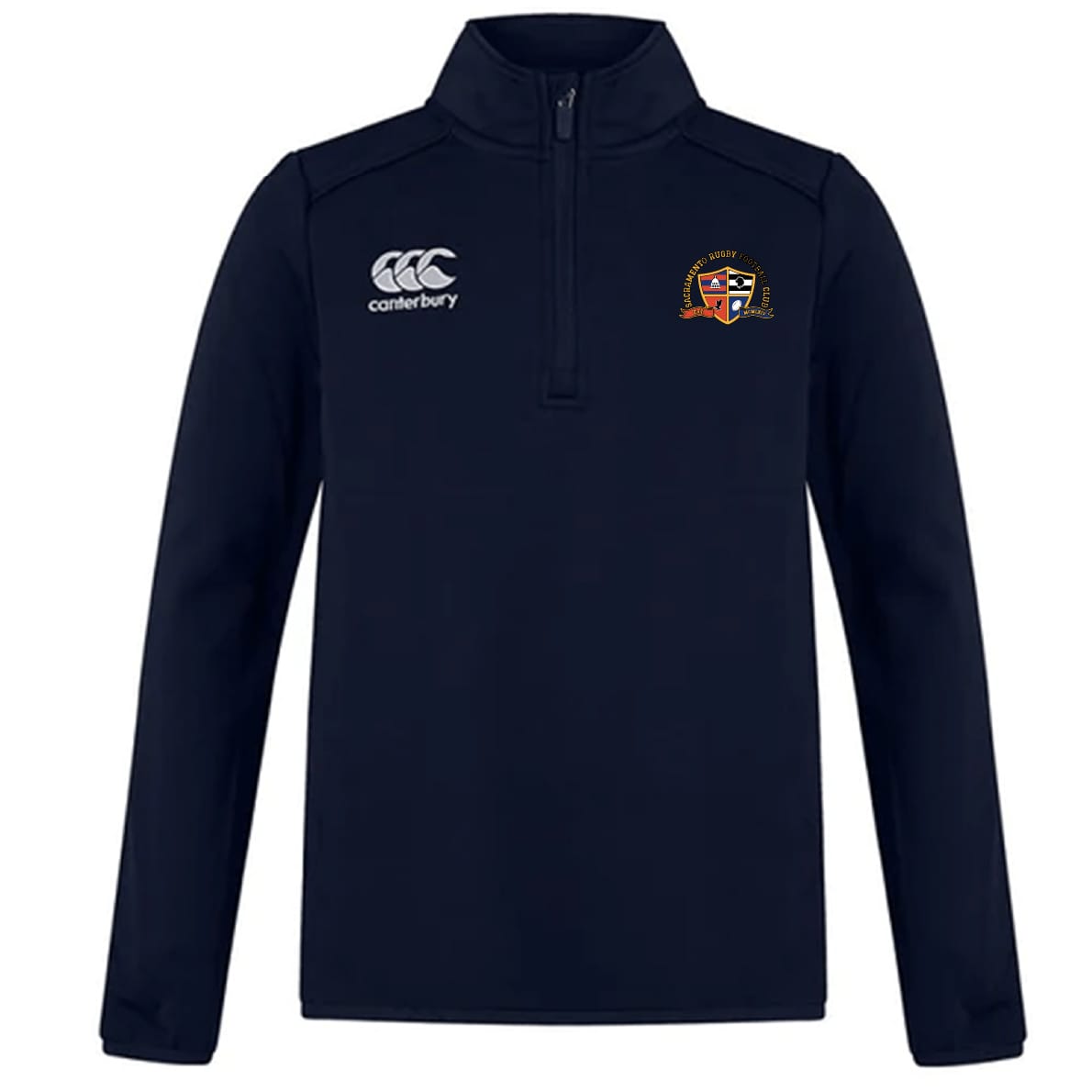 The Sacramento Rugby Football Club 1/4 Zip Mid Layer Training Top by EMB Canterbury features a navy blue long-sleeve design with a Canterbury logo on the right chest and an embroidered crest on the left—ideal for rugby training.