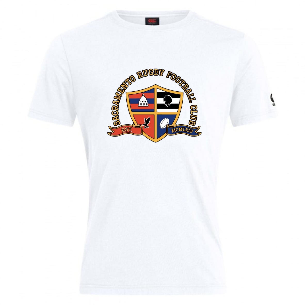 The Sacramento Rugby Football Club Plain Tee by WRS Canterbury features a cotton blend and displays the club crest with a red, orange, blue, and black shield plus a "Sacramento Rugby Football Club" banner.
