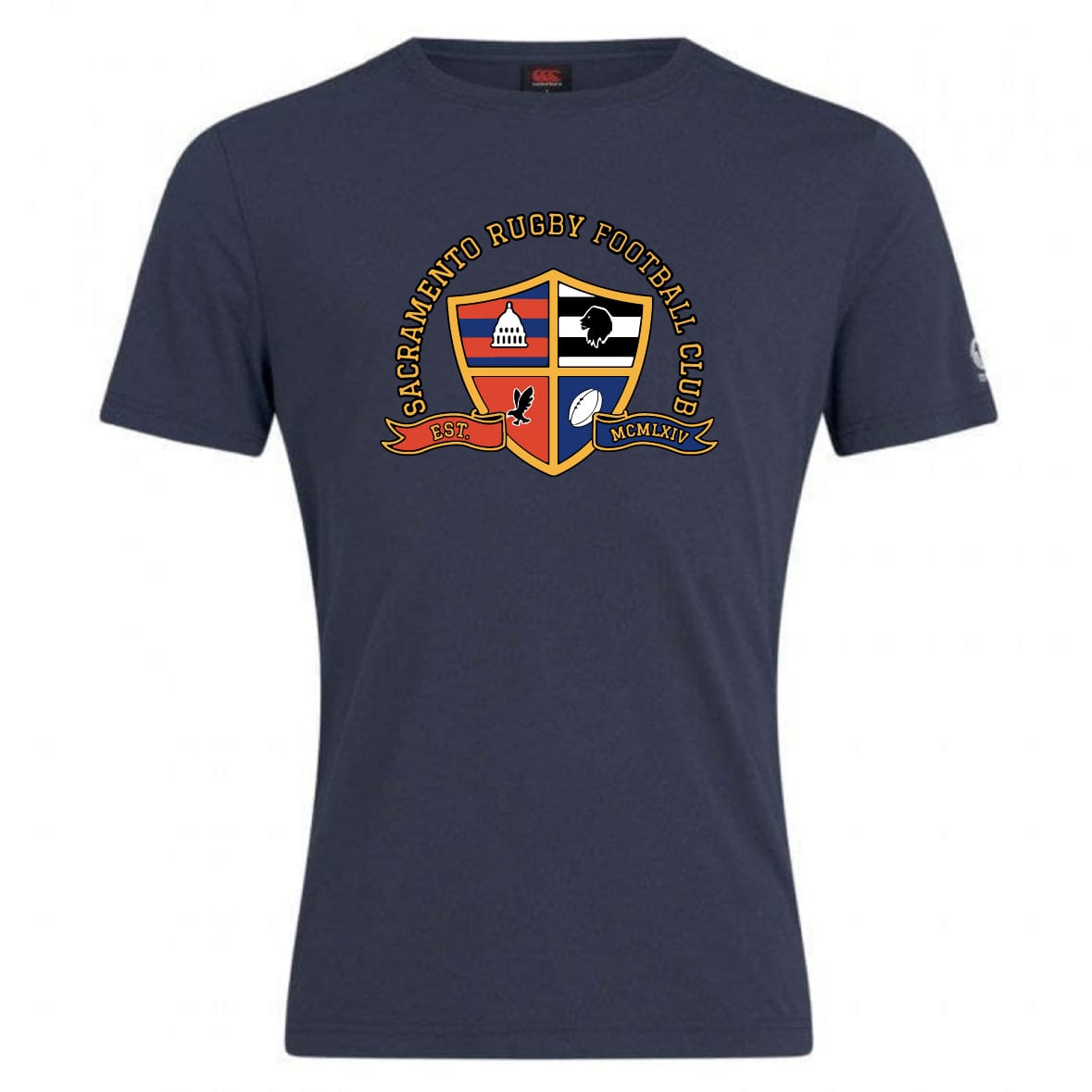 The Sacramento Rugby Football Club Club Plain Tee by WRS Canterbury is a navy blue cotton blend shirt with the club crest, "Est. 1976," and "McKinley" on the front—a classic customizable tee for fans.