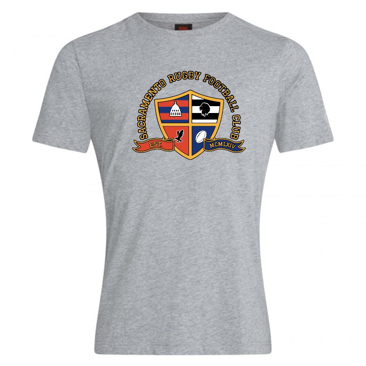 The Sacramento Rugby Football Club Club Plain Tee by WRS Canterbury is a gray cotton blend featuring the club crest, icons, and "EST. MCMLXV" on the front.