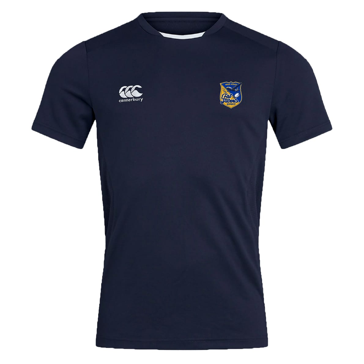The Gulf Coast Fat Alberts Club Dry Tee by EMB Canterbury is a navy workout shirt with short sleeves, featuring the Canterbury logo on the right chest and club crest on the left, made with Vapodri Technology for breathability and comfort.
