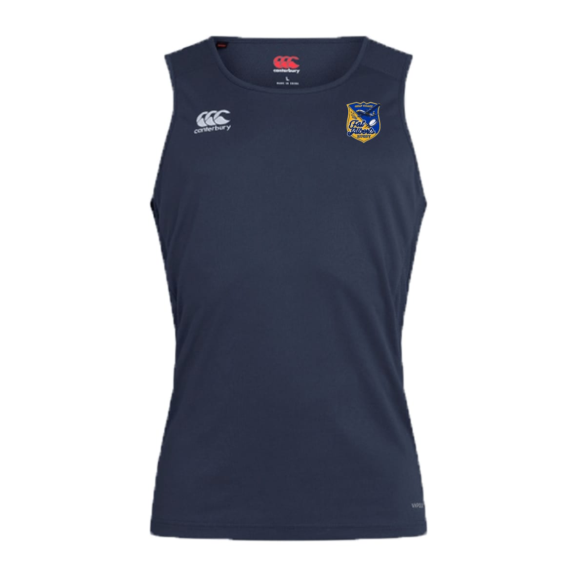 The Gulf Coast Fat Alberts Club Dry Singlet by EMB Canterbury is a sleeveless navy blue athletic top with two chest logos, designed for comfort and performance—ideal for training sessions.