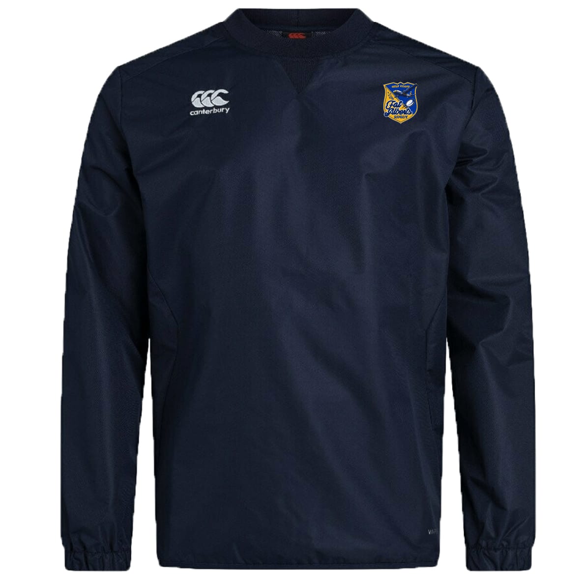The Gulf Coast Fat Alberts Club Vaposhield Contact Top by EMB Canterbury is a navy long-sleeve rugby top with a Canterbury logo on the right chest, a yellow and blue crest on the left, and VapoShield tech for comfort.
