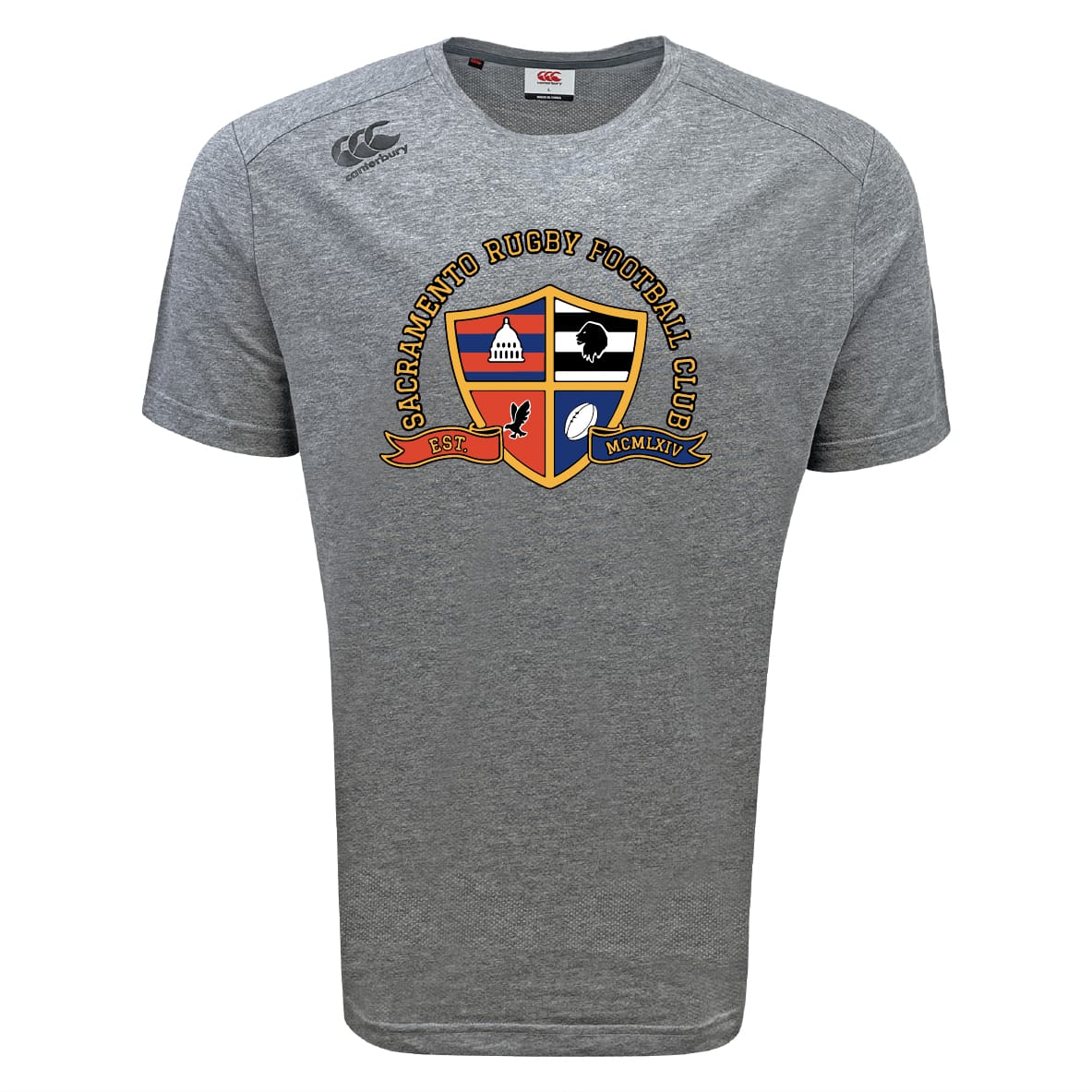 The Sacramento Rugby Football Club Tempo Vapodri T-Shirt by WRS Canterbury features a gray short-sleeve design, club crest and logo on the chest, Canterbury sleeve branding, and moisture-wicking fabric for cool comfort.