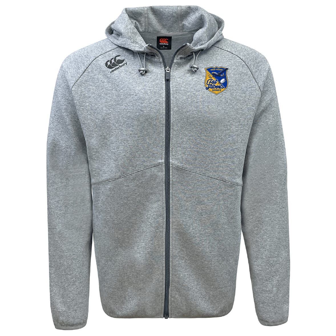 Stay comfortable and stylish all day in the Gulf Coast Fat Alberts Tempo Vapodri Full-Zip Hoodie by EMB Canterbury, featuring light grey fabric, a hood with drawstrings, CCC logo at right chest, and a Lake Albano embroidered patch.