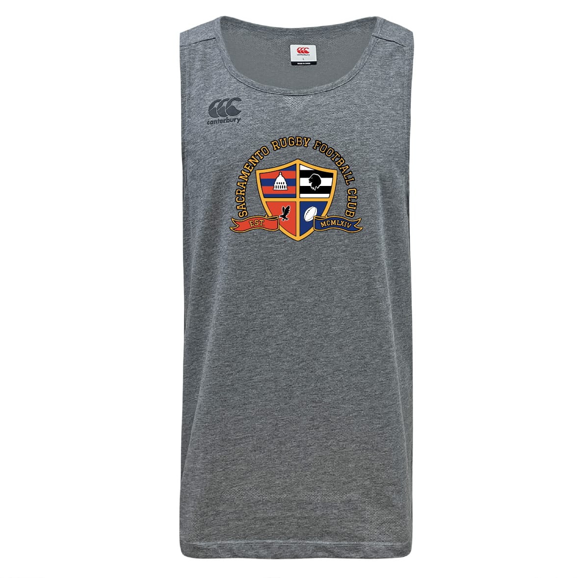 The Sacramento Rugby Football Club Tempo Vapodri Singlet by WRS Canterbury is a gray sleeveless athletic shirt made from recycled polyester, featuring the club’s crest and logo on the front.
